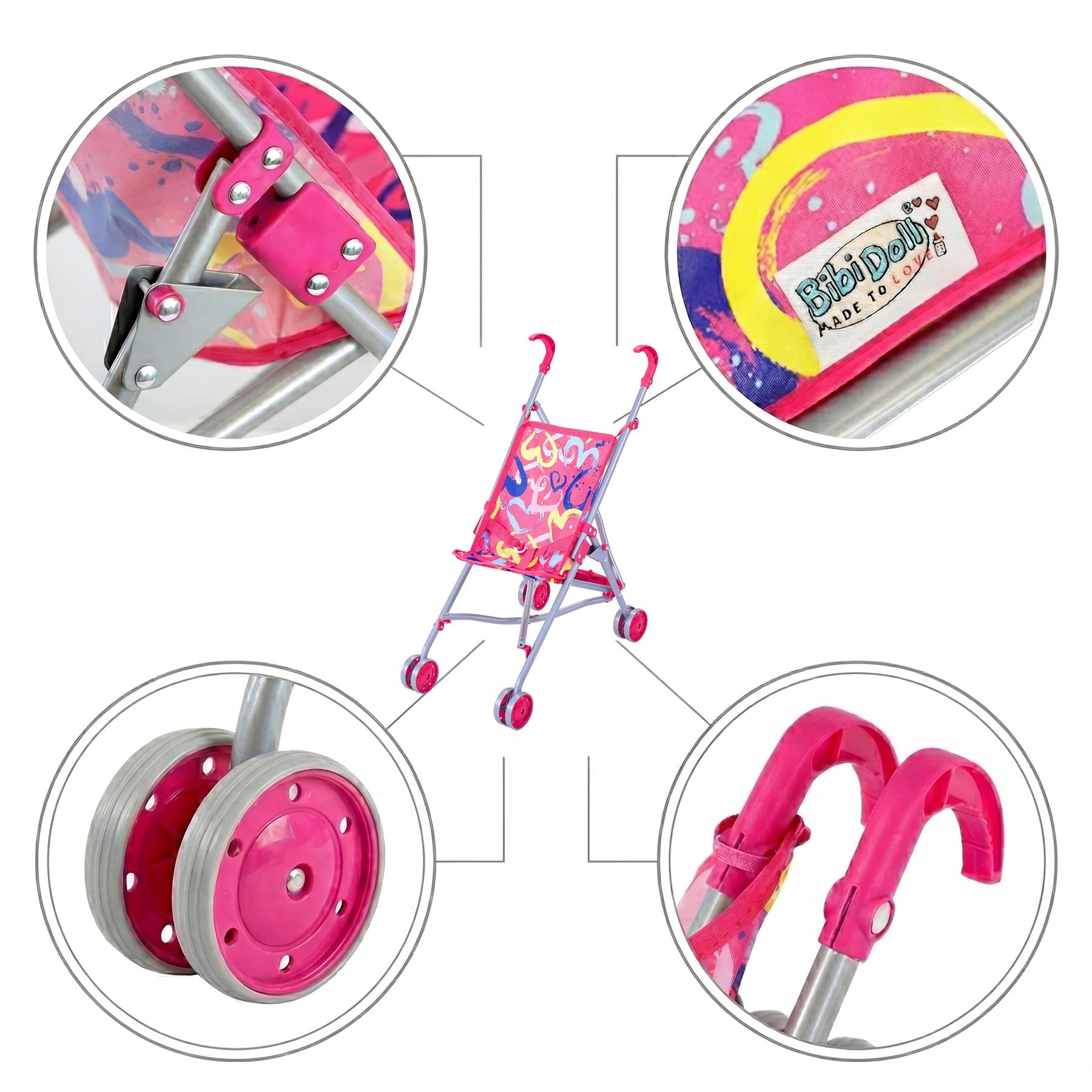 A pink doll buggy featuring the carriage, wheels, grips, and patterned seat components.