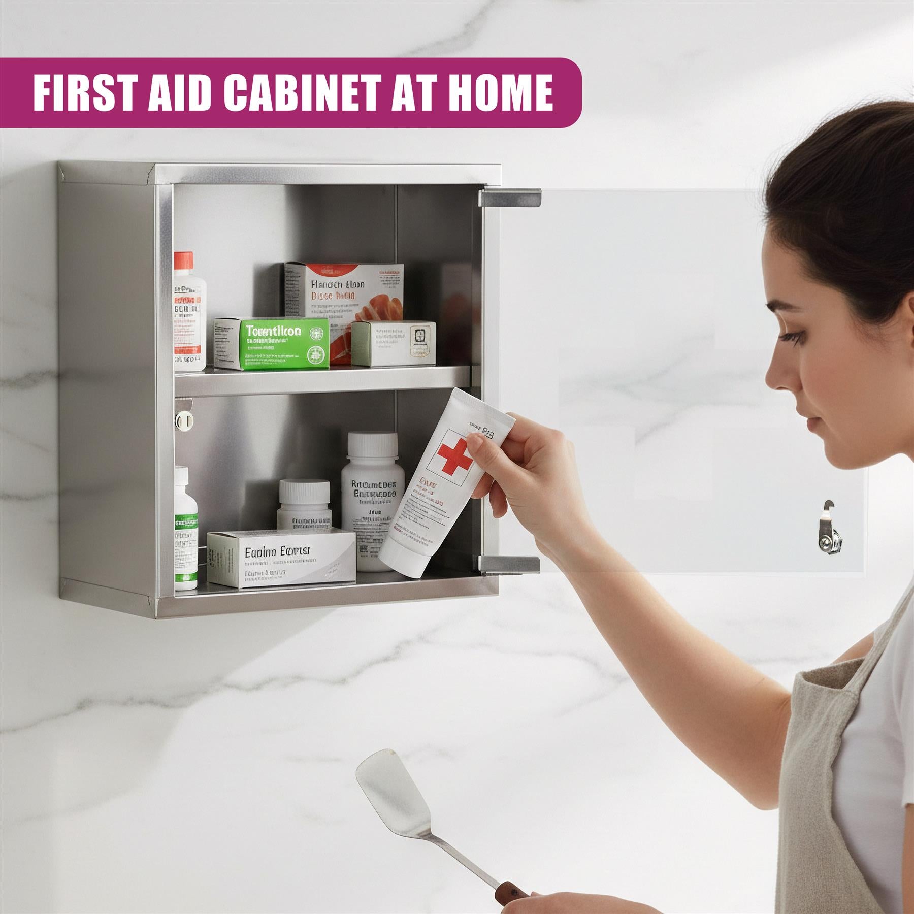 A woman opens a metal cabinet containing multiple first-aid items and medicines.