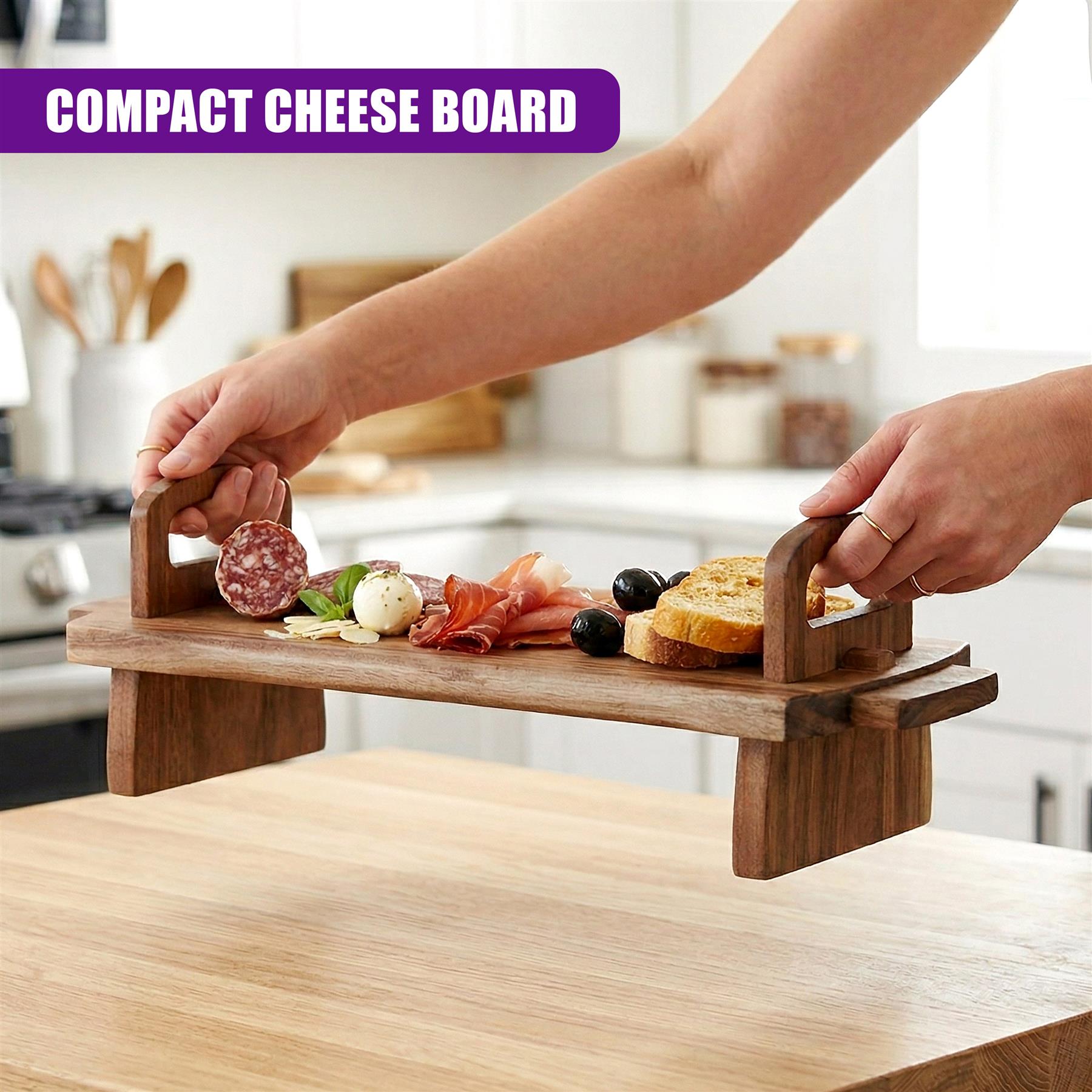 A wooden serving board displays various foods including cured meats, cheese, and crackers.