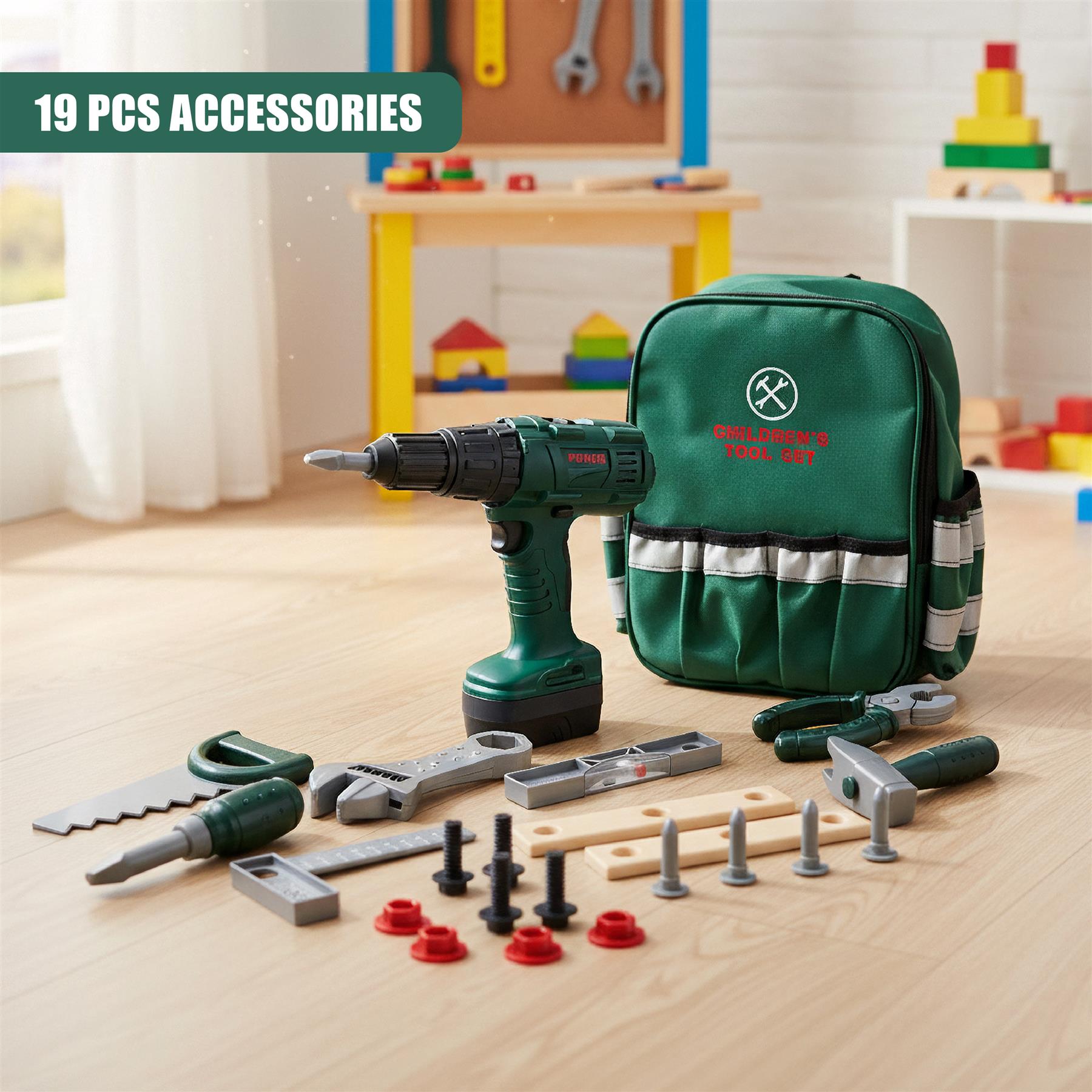 A child's play area with a green toolset, a green backpack, and a workbench. The toolset includes a hammer, saw, screwdriver, and other tools. The workbench has a chalkboard and various toys, including blocks, a toy car, and a toy train. The room is well-lit, with a window in the background. The tools and tools' materials are made of plastic. - The Magic Toy Shop