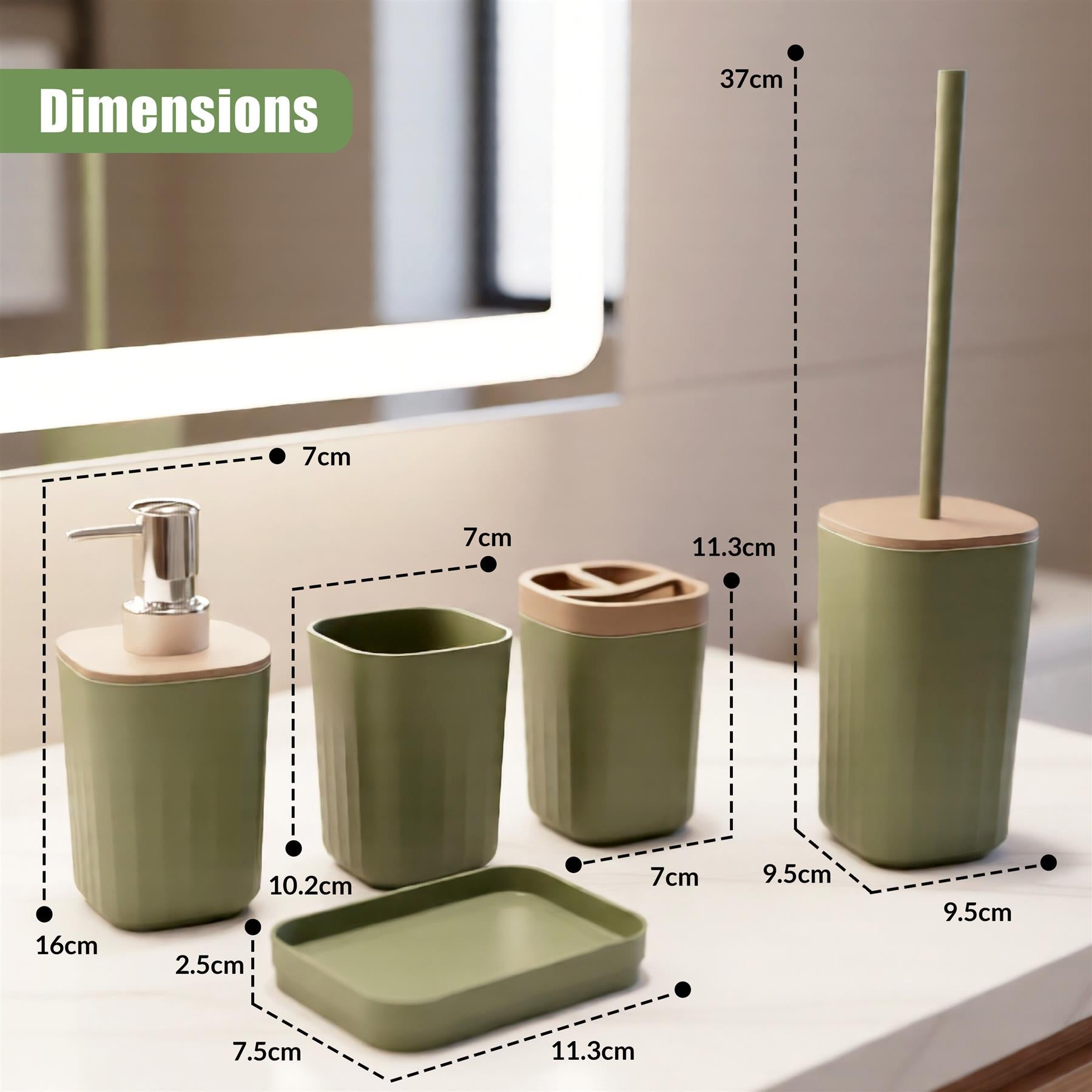 Set of five green bathroom accessories, including a dispenser, cups, toothbrush holder, and rectangular soap dish.