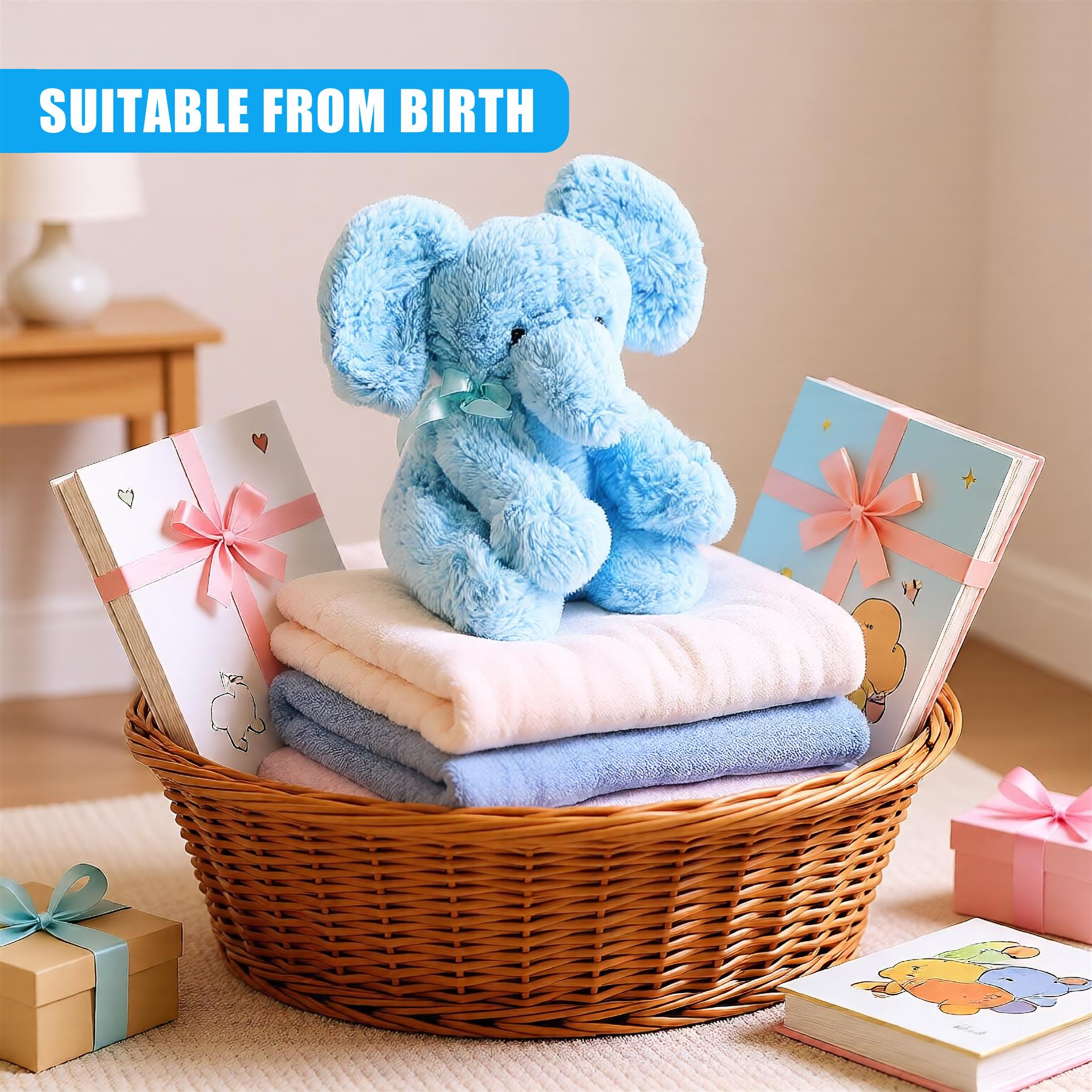 A gift basket for a baby, featuring a plush toy, books, and a soft blanket, all nestled in a wicker basket. - The Magic Toy Shop