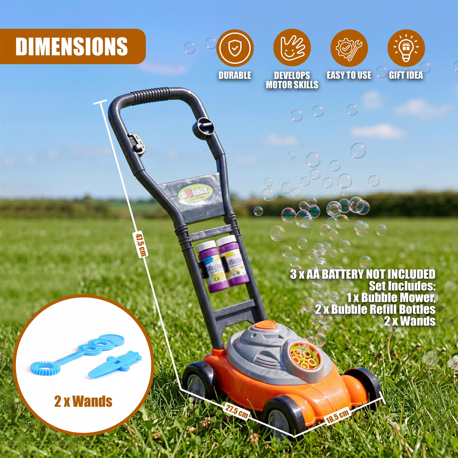 Toy bubble machine, vertical stand, and pair of blue bubble wands shown with product dimensions.
