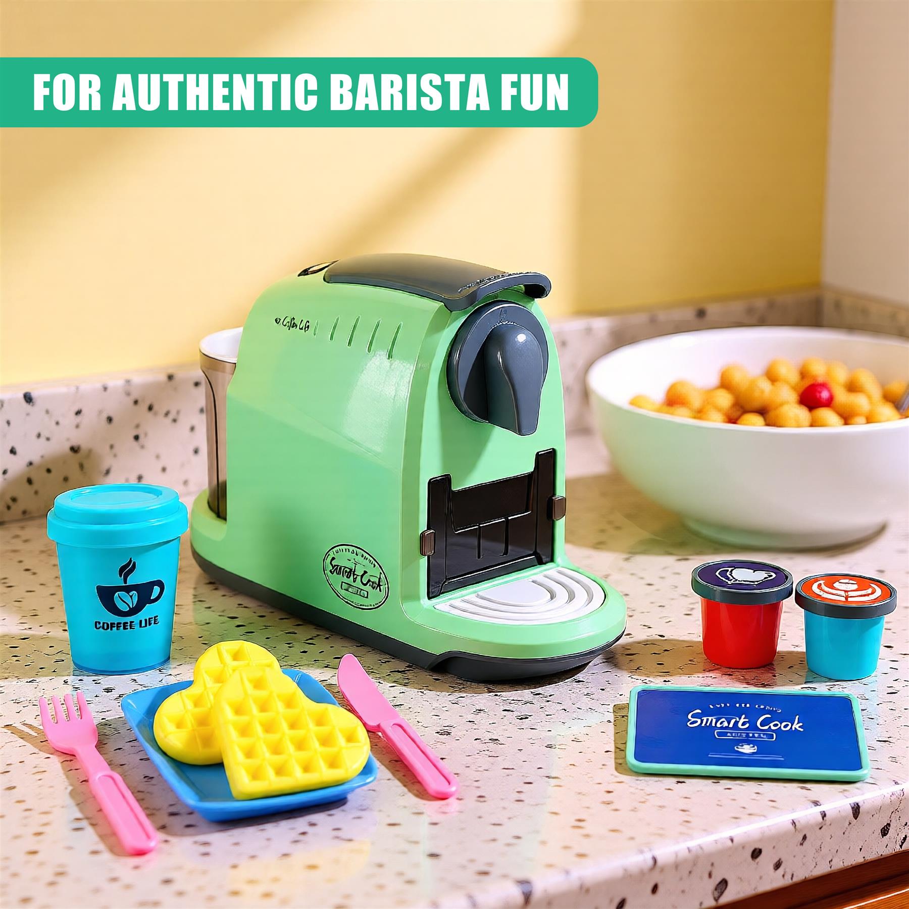 A playset for kids, featuring a miniature coffee machine, a waffle maker, and a set of play food and utensils. The machine has a built-in milk frother and a coffee cup with a removable lid. The playset includes a waffle maker with a removable waffle, a coffee cup with a removable lid, and a set of play food and utensils. The playset is designed for kids aged 3-6 years and is made of durable plastic. - The Magic Toy Shop