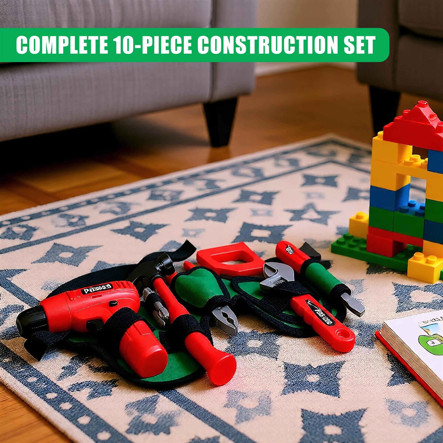 A 10-piece construction set for kids, including a hammer, screwdriver, and saw, on a rug with a book and blocks. - The Magic Toy Shop