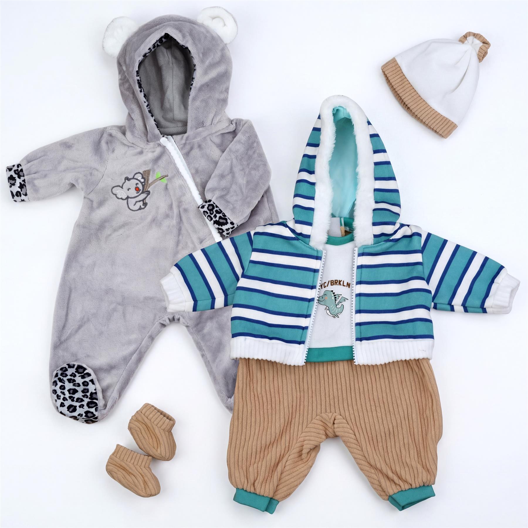 Display of two doll clothes sets: a gray koala onesie and a striped outfit with pants and cap.