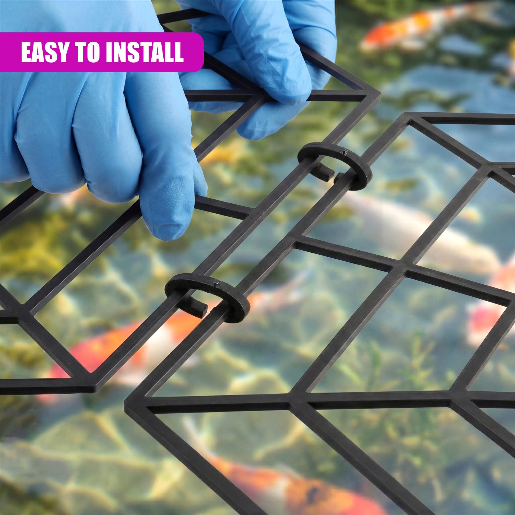 Hands in blue gloves adjust a dark grid protector floating over fish in pond water.