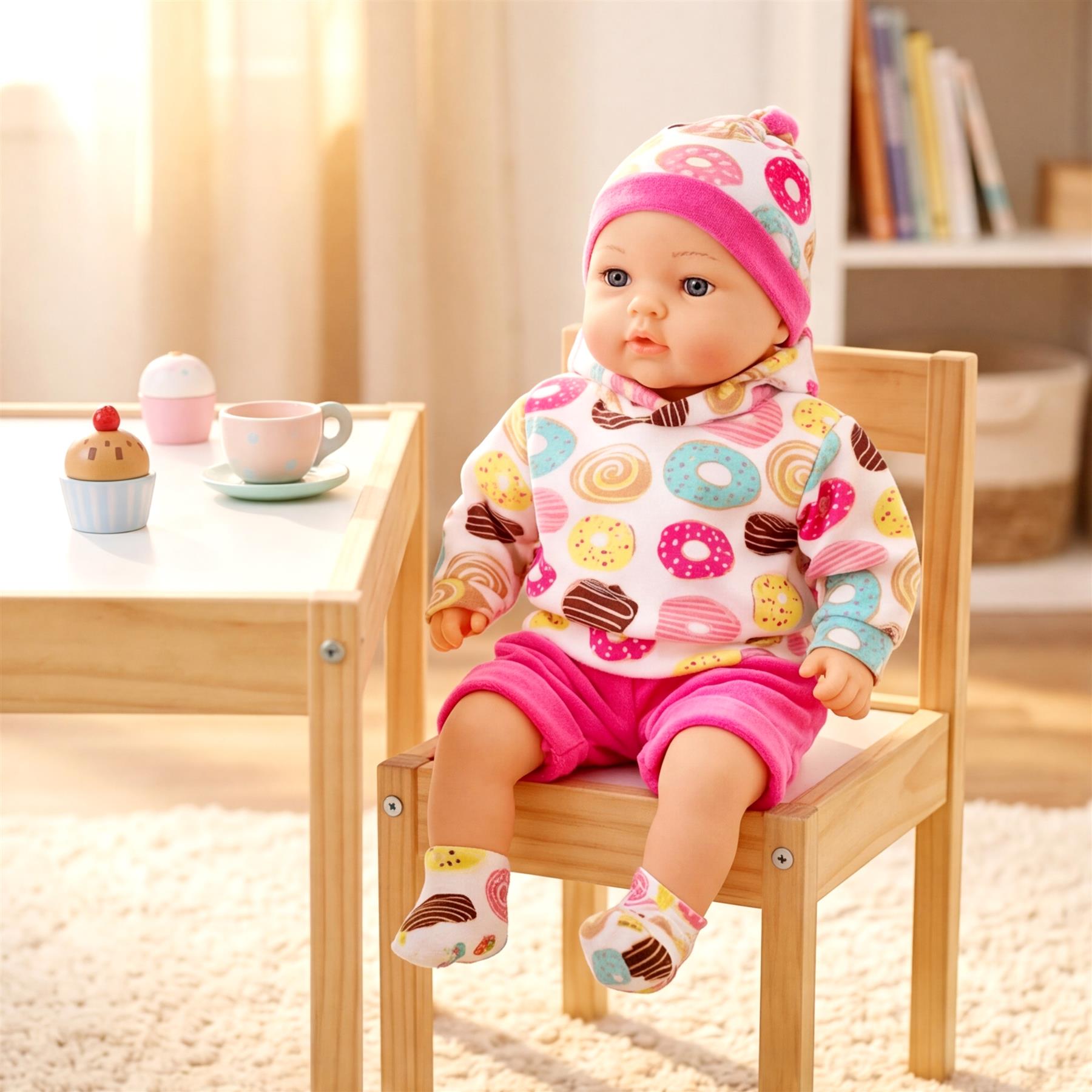 Doll in patterned outfit sits on a wooden chair beside a small table holding cups and containers.