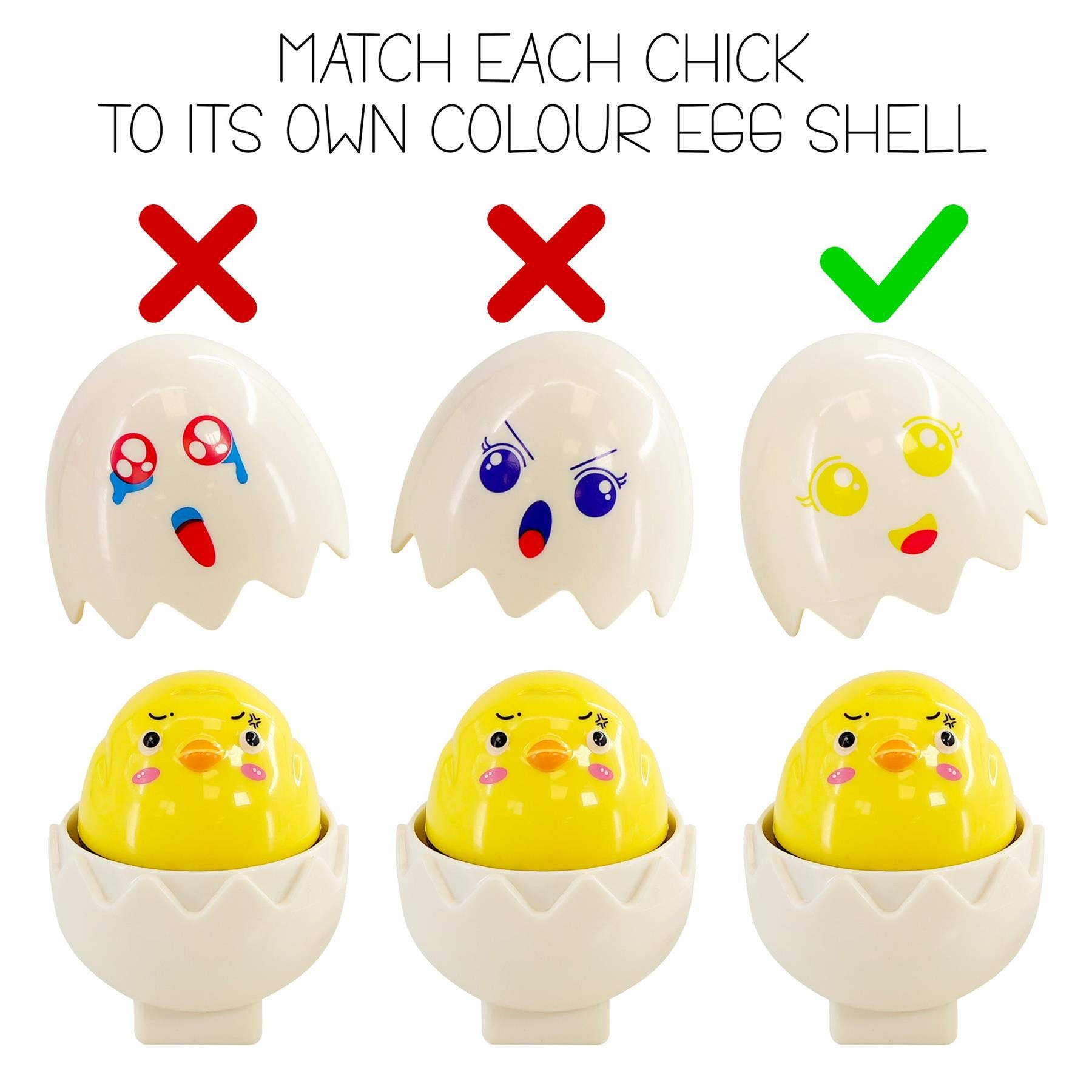 Matching egg game set featuring three pairs of chicks and patterned shells for matching play.