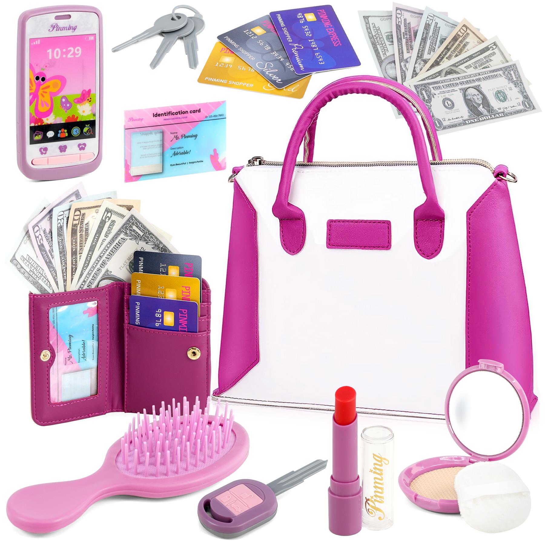 Pretend play set featuring a pink handbag, toy phone, cosmetic brush, and associated makeup accessories.