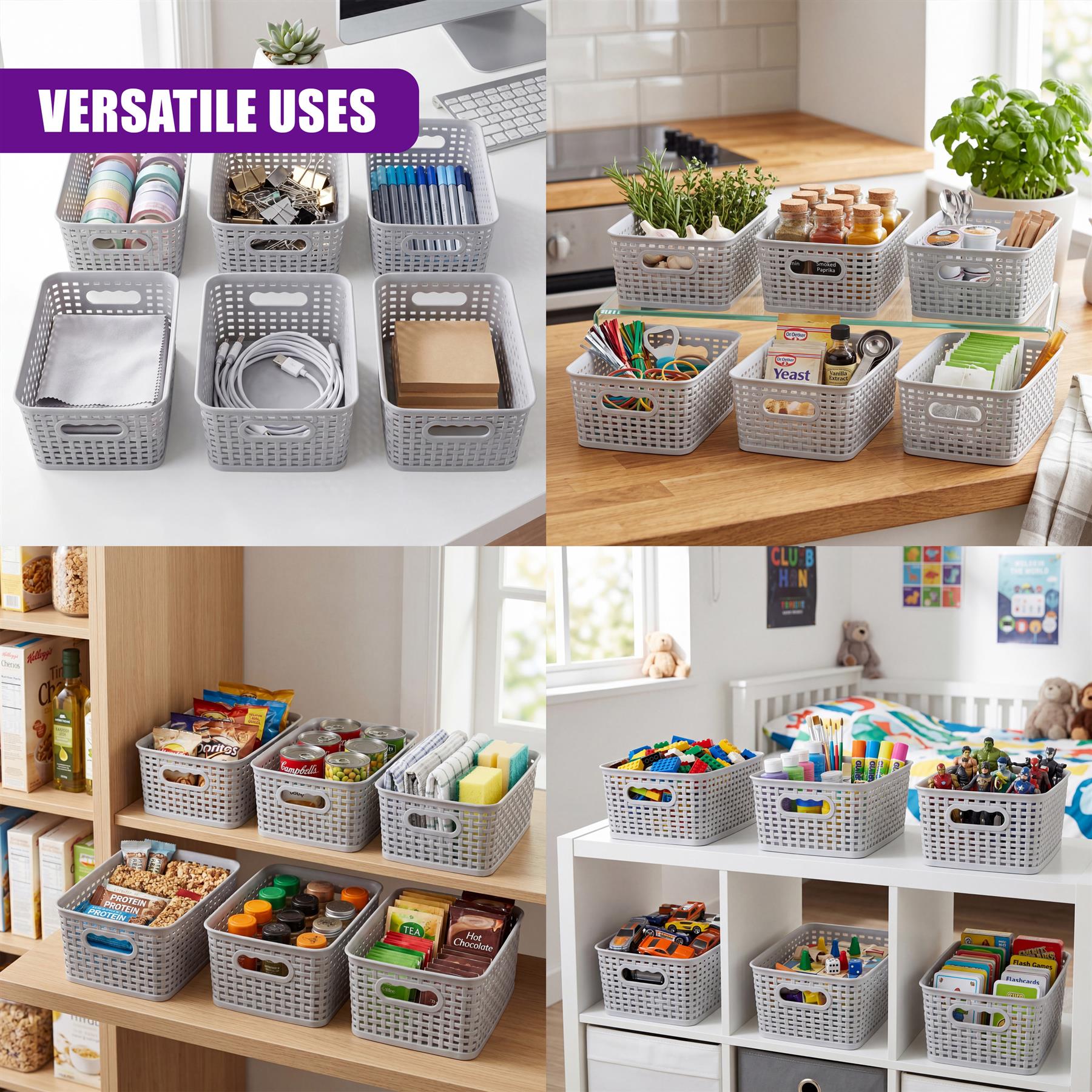A collection of gray wire baskets organized with various household and craft supplies.