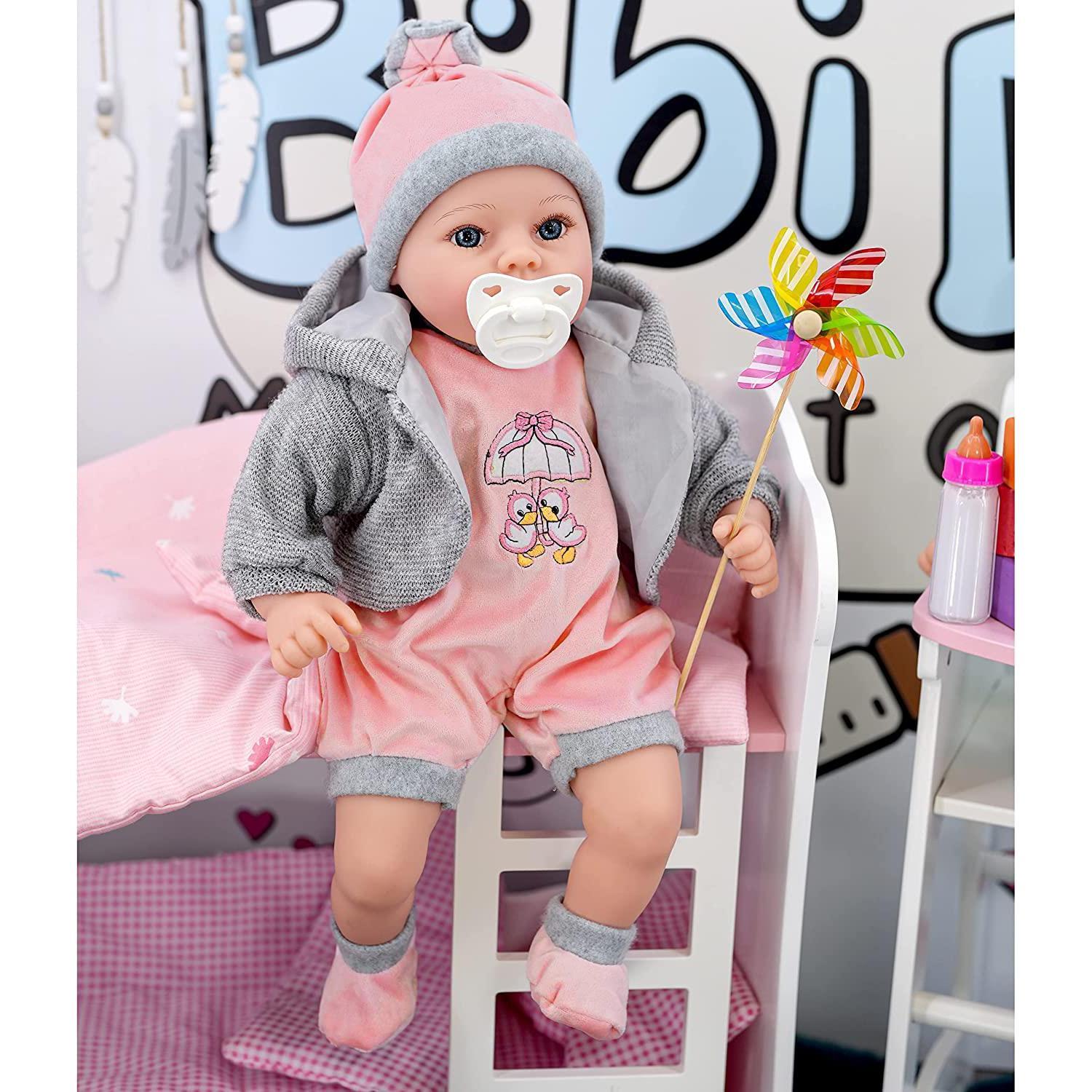 Baby Girl Doll With Dummy & Sounds Grey by BiBi Doll - The Magic Toy Shop