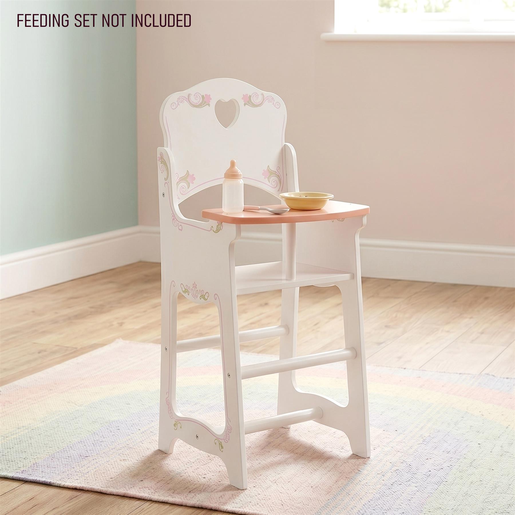 White wooden doll high chair and cradle set with light wood accents.
