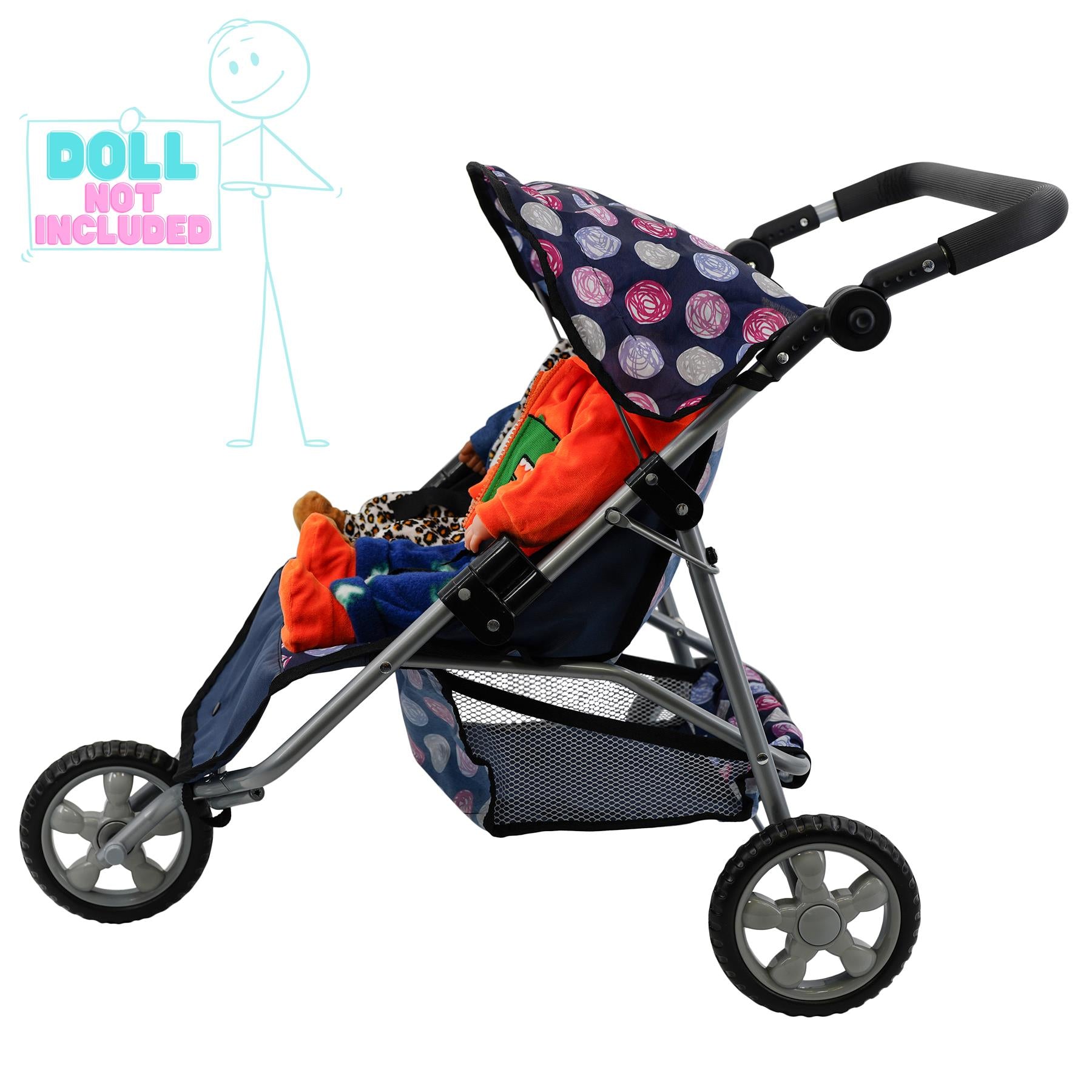 Three-wheeled blue doll pushchair with a patterned canopy and storage basket underneath.