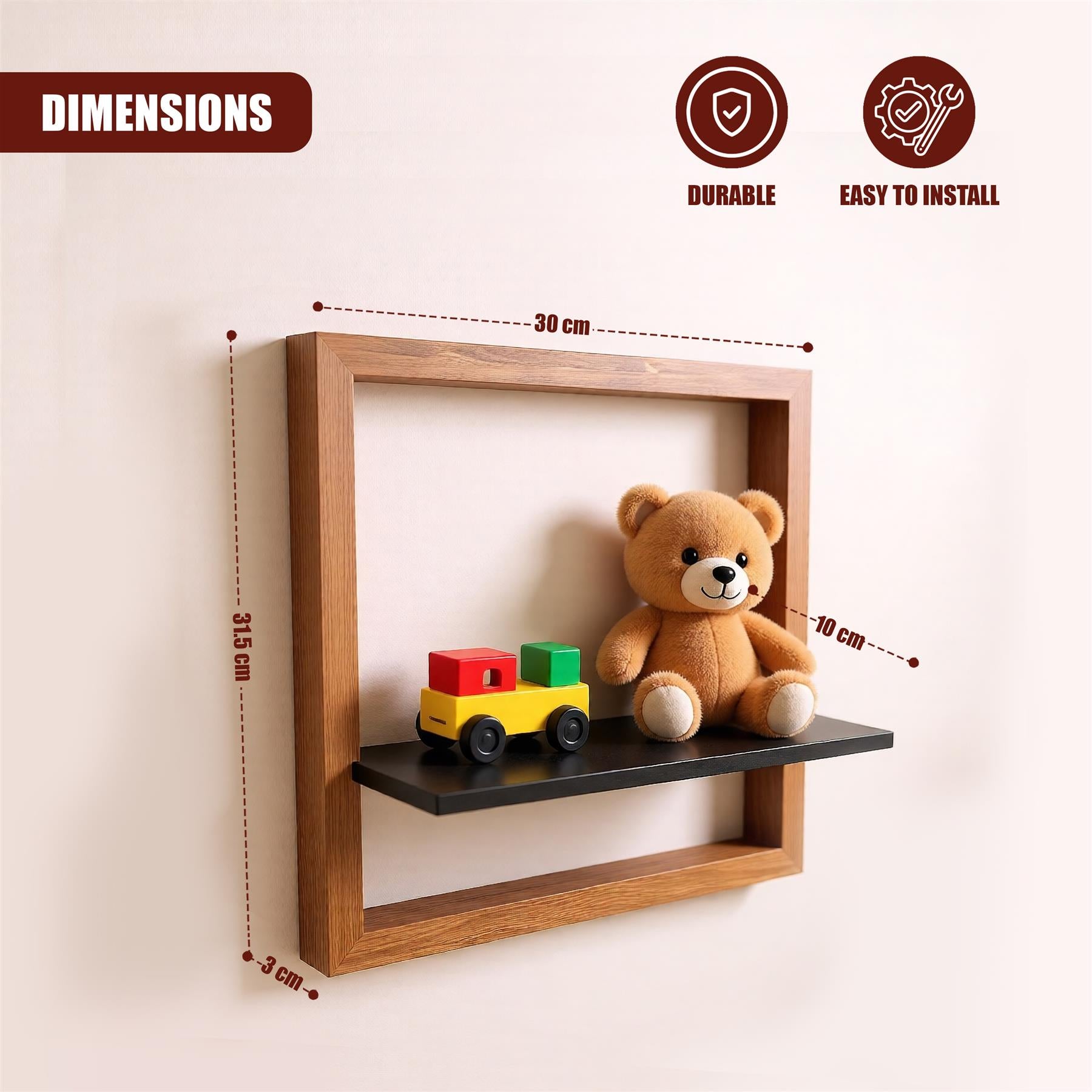 Wooden floating shelf with a teddy bear and dimensions specified. - The Magic Toy Shop