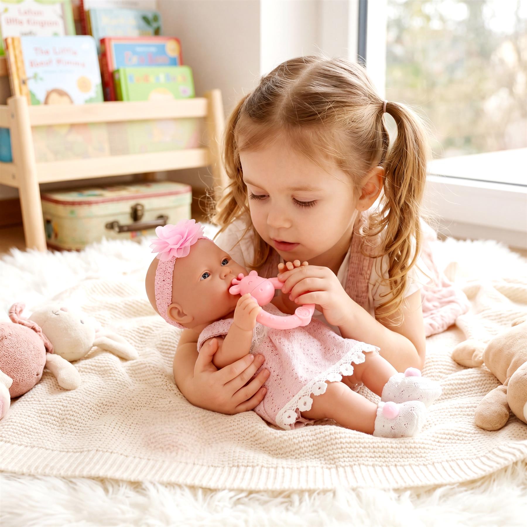 A young girl plays with a doll in a pink outfit and accessory, holding a pacifier.