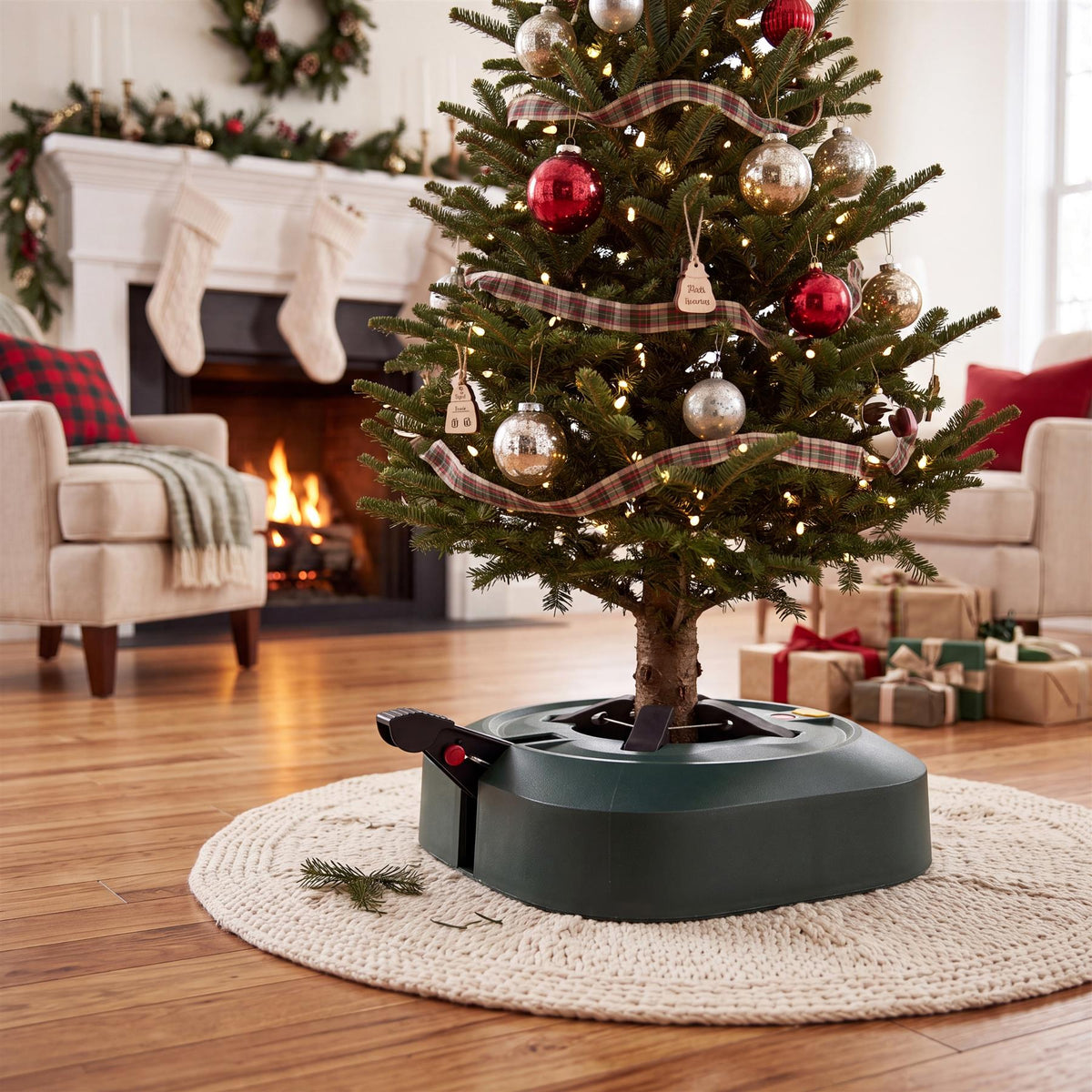 GEEZY Christmas Tree Stand with Water Reservoir features a robust tree base and cable-operated locking system