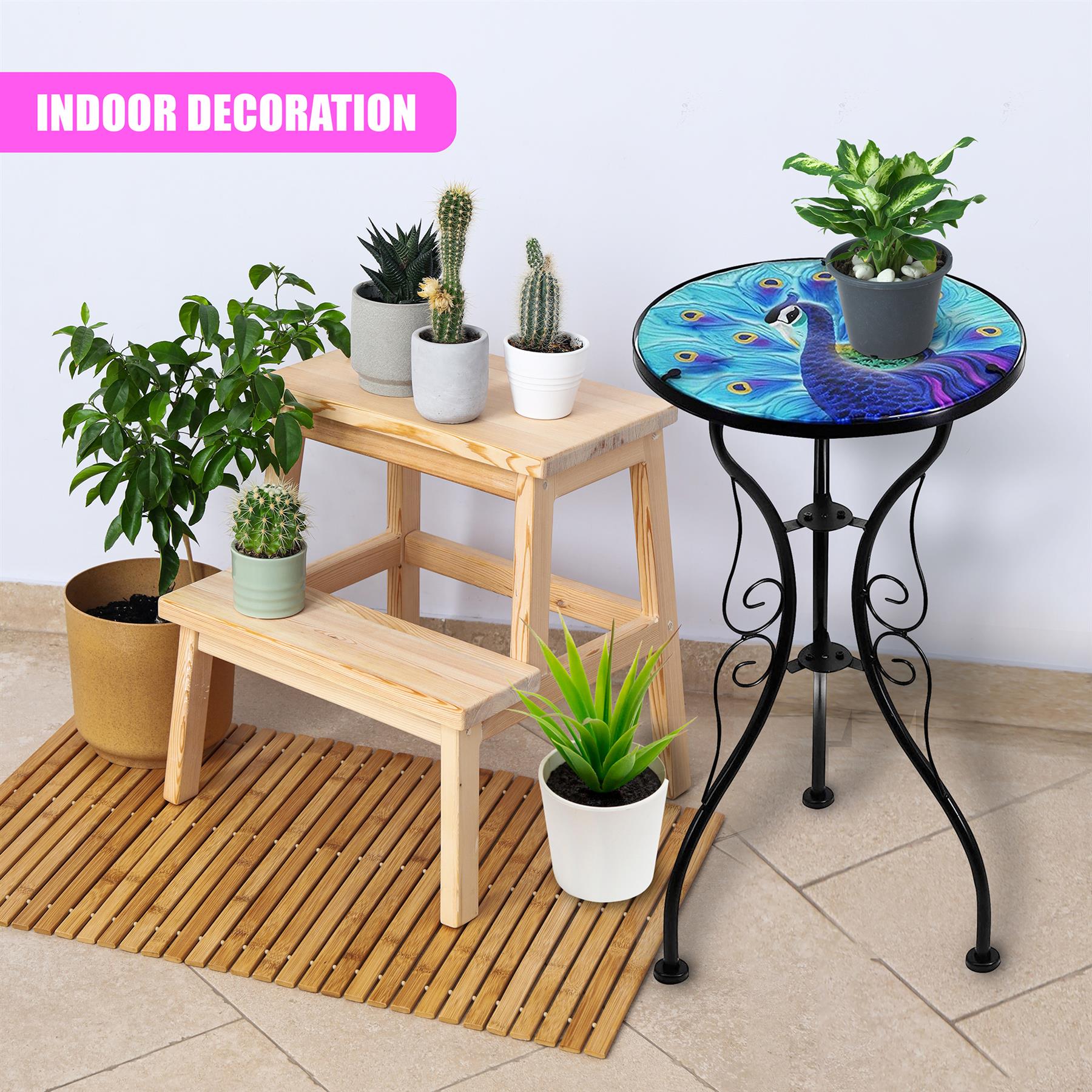 Round Side Mosaic Garden Table With Blue Peacock Design by Geezy - The Magic Toy Shop