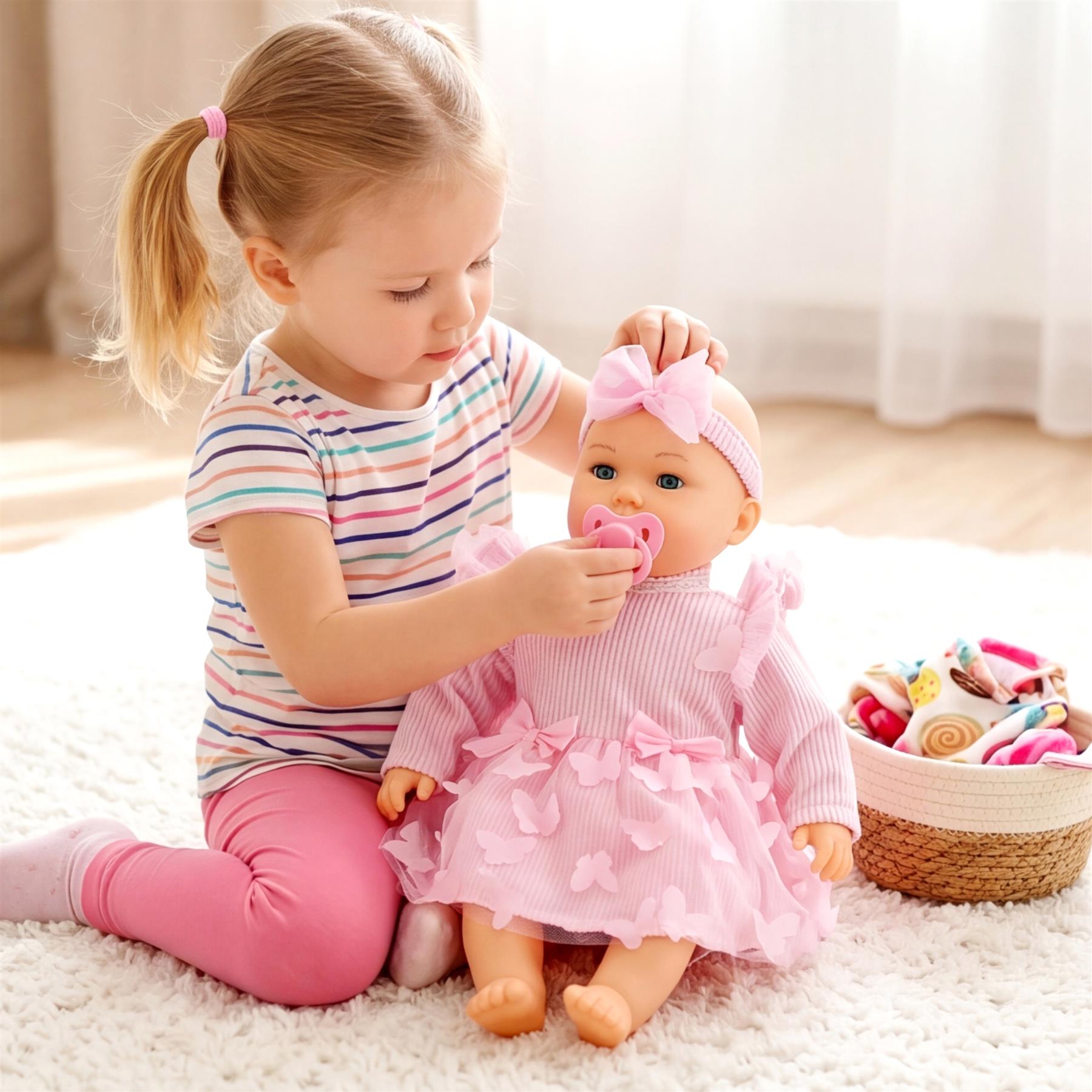 Blonde girl feeding a doll a pacifier while sitting on a plush white rug.