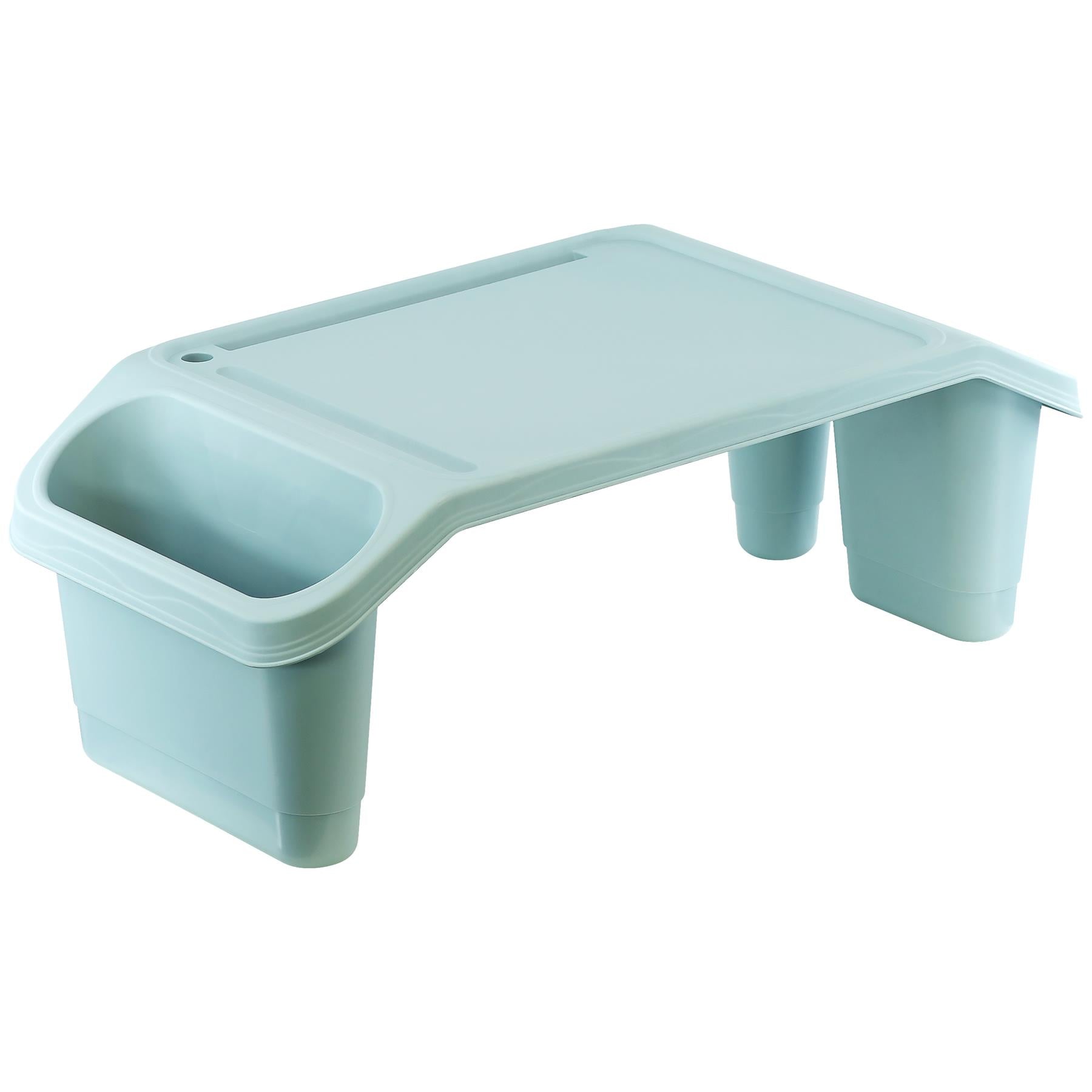 A soft, pastel green plastic tray with a built-in cup holder and a flat, smooth surface for holding small items. - The Magic Toy Shop