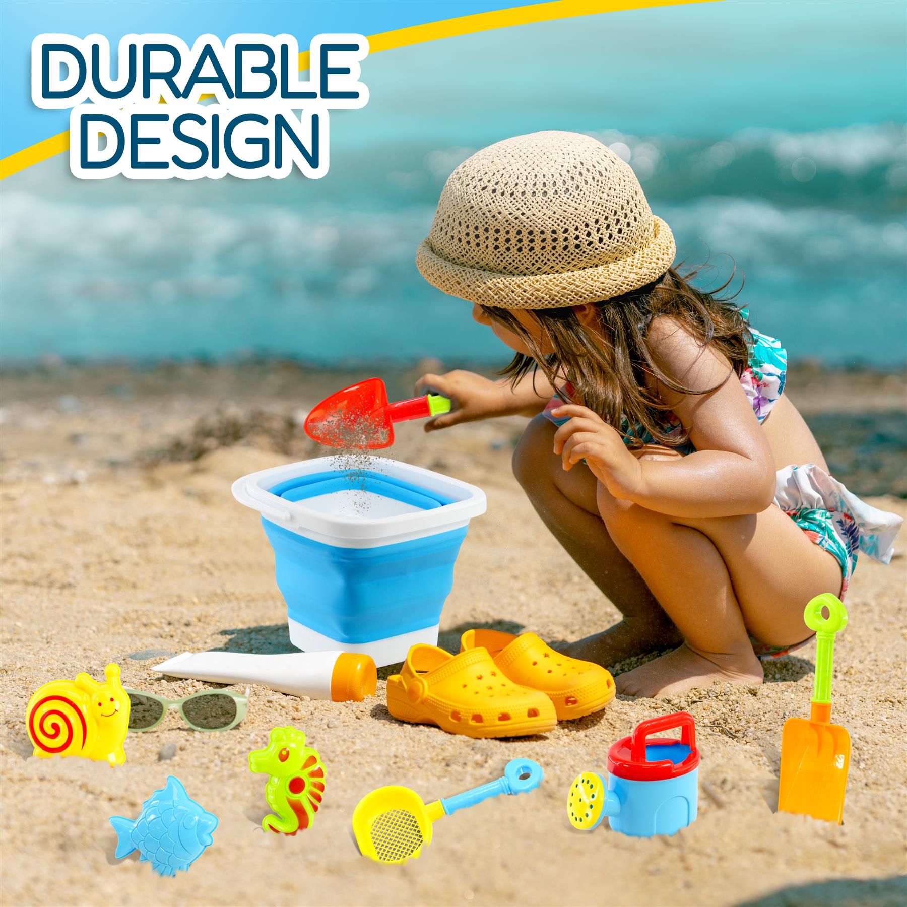 Assortment of beach toys includes a blue bucket, various spades, scoops, and colorful animal beach figures.