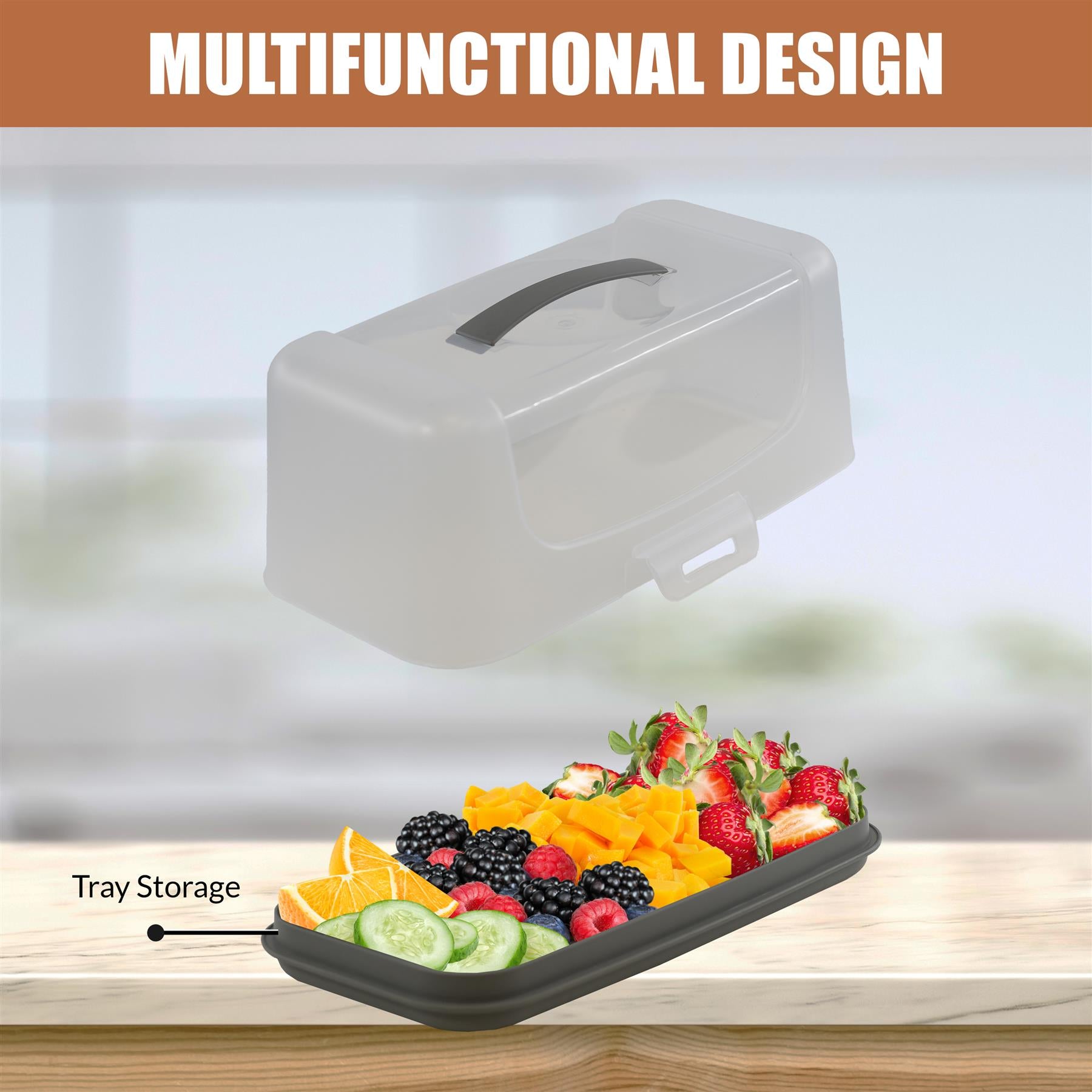 Rectangular carrier container with handle and lid, shown with and without assorted fruit.