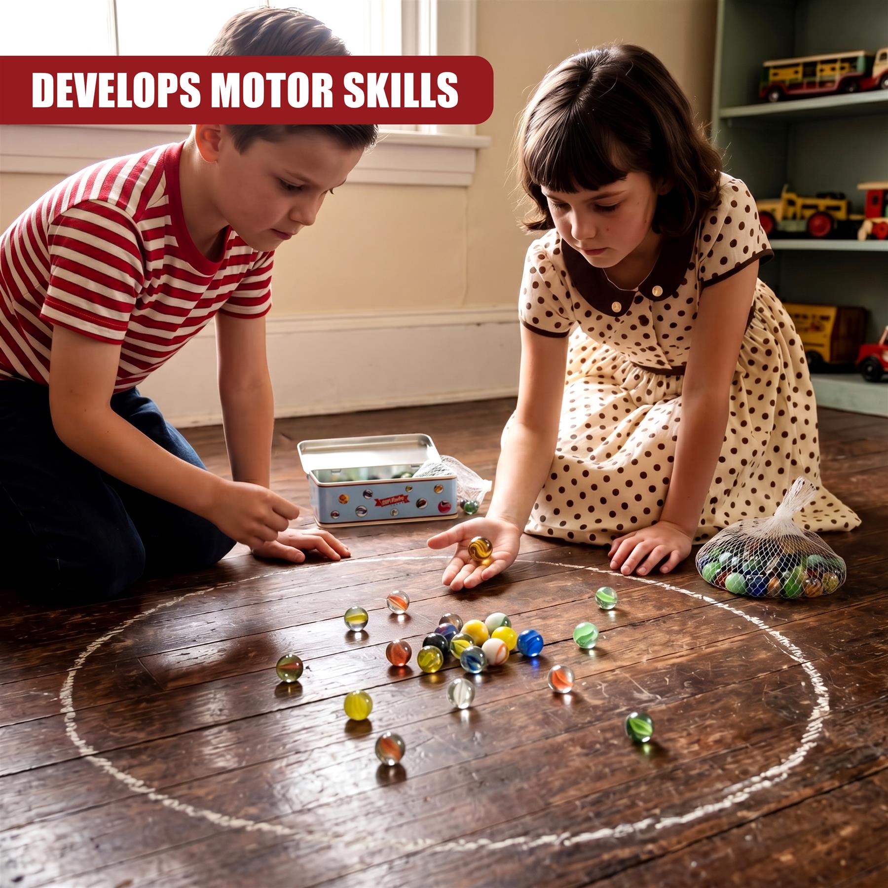 Colorful marbles are scattered on wood around two children and a partial open tin box.