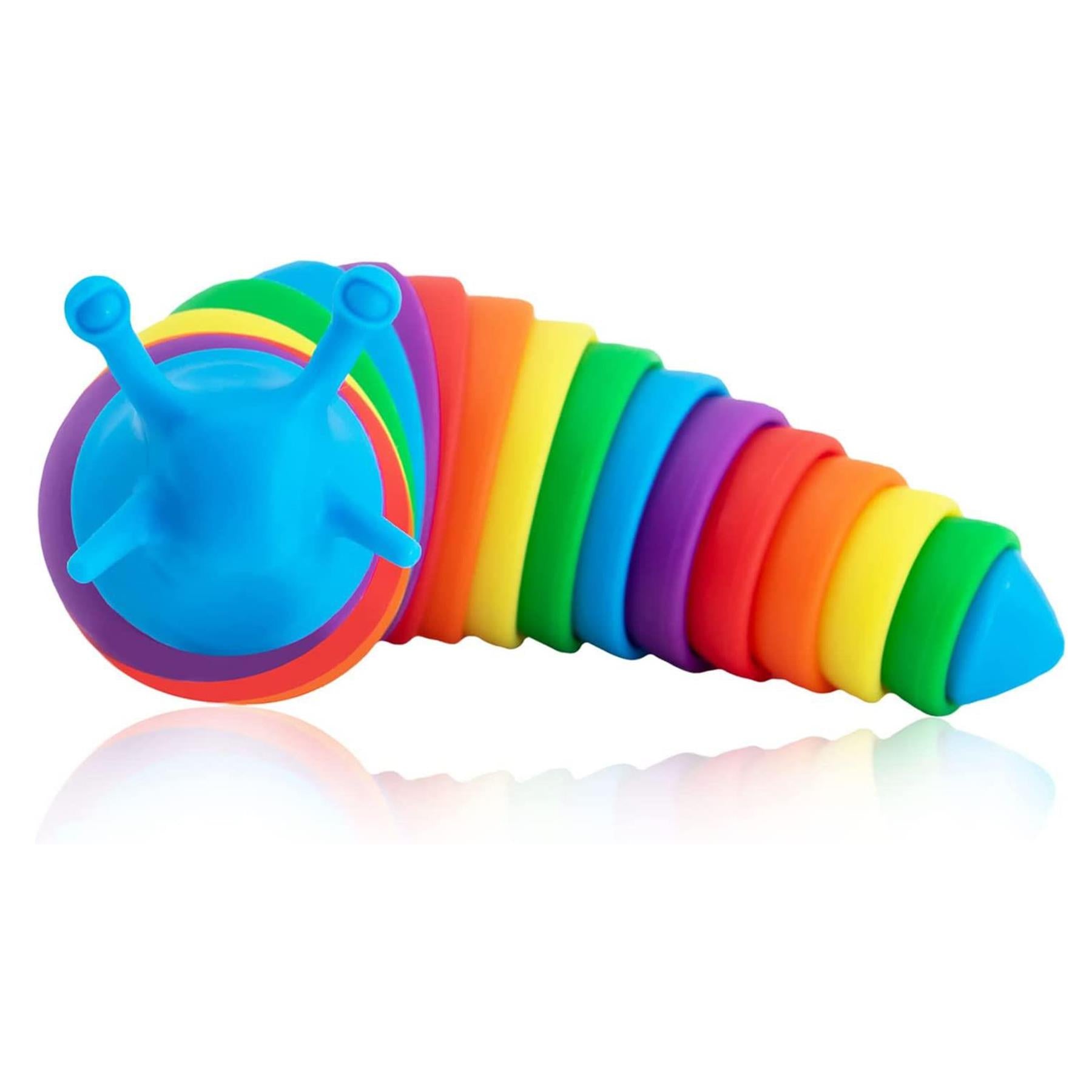 Blue fidget toy attached to a set of smoothly curved, rainbow-colored segments.