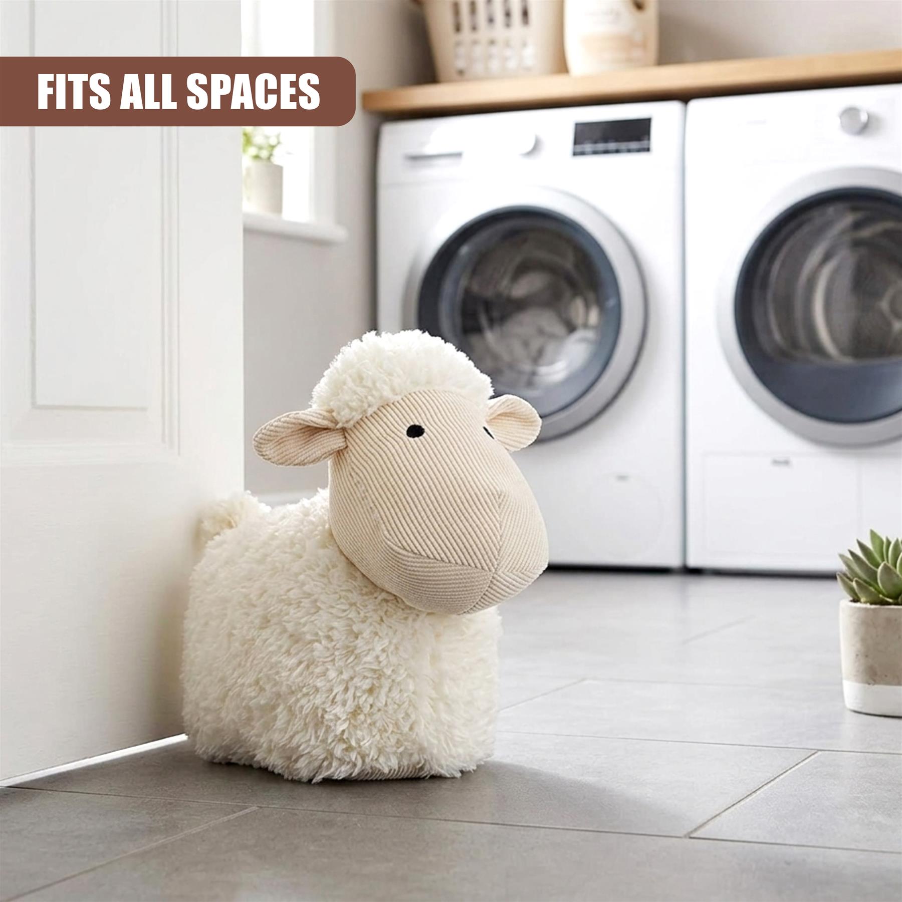 Fluffy sheep novelty door stopper placed near a white doorway and laundry machines.