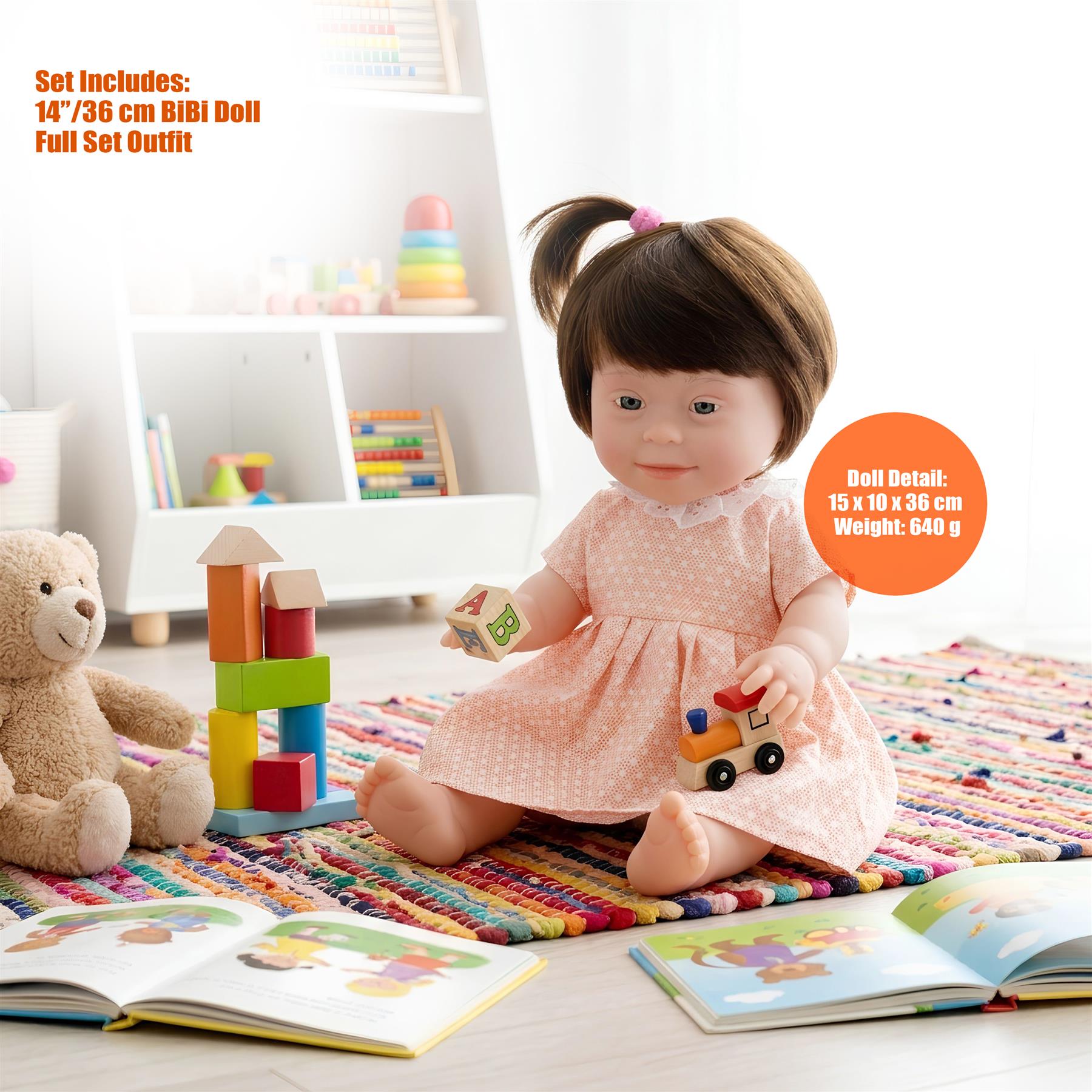 BiBi Doll Down Syndrome Girl - Brown Hair (36 cm / 14")