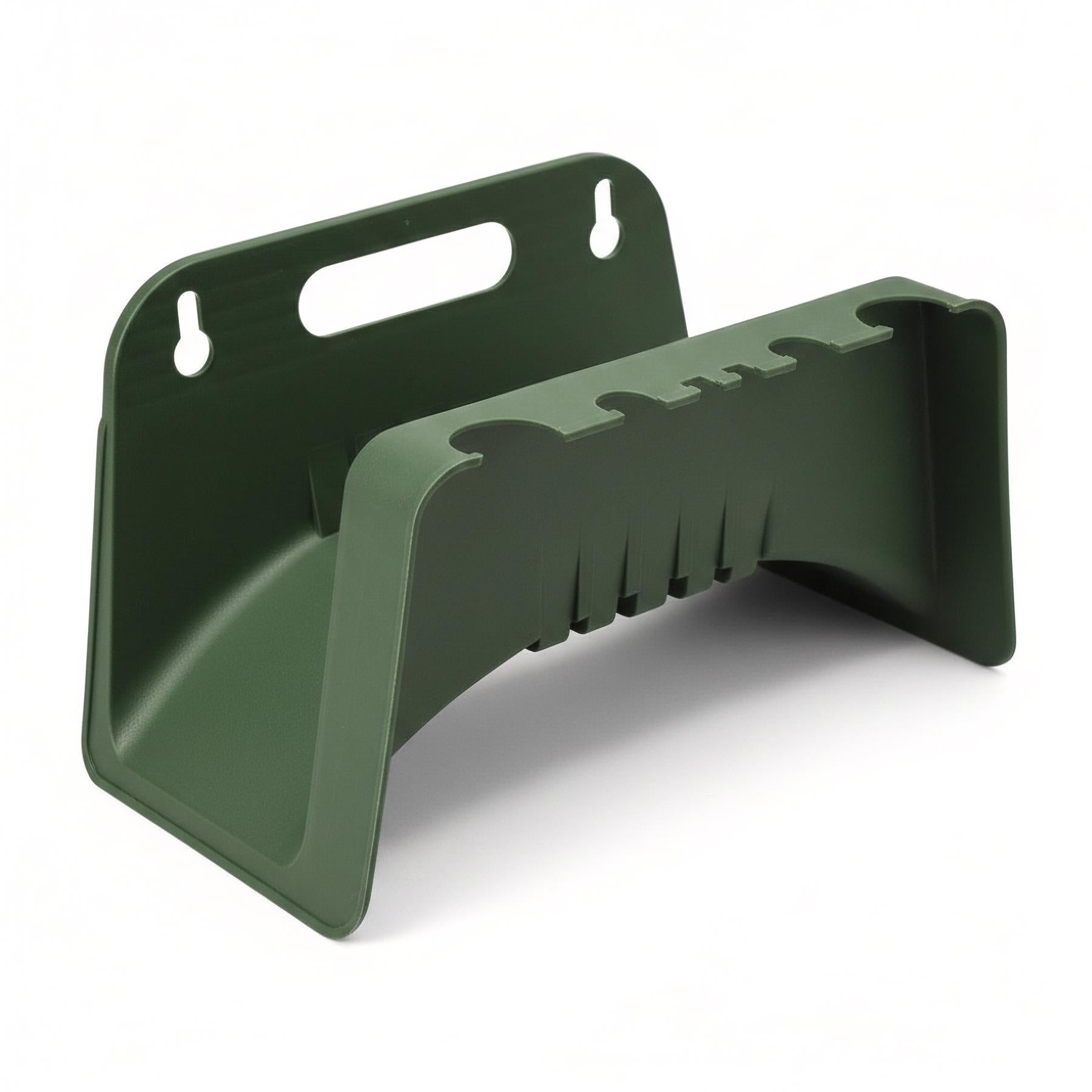 Dark green molded plastic rack with slots for holding and organizing garden hoses.