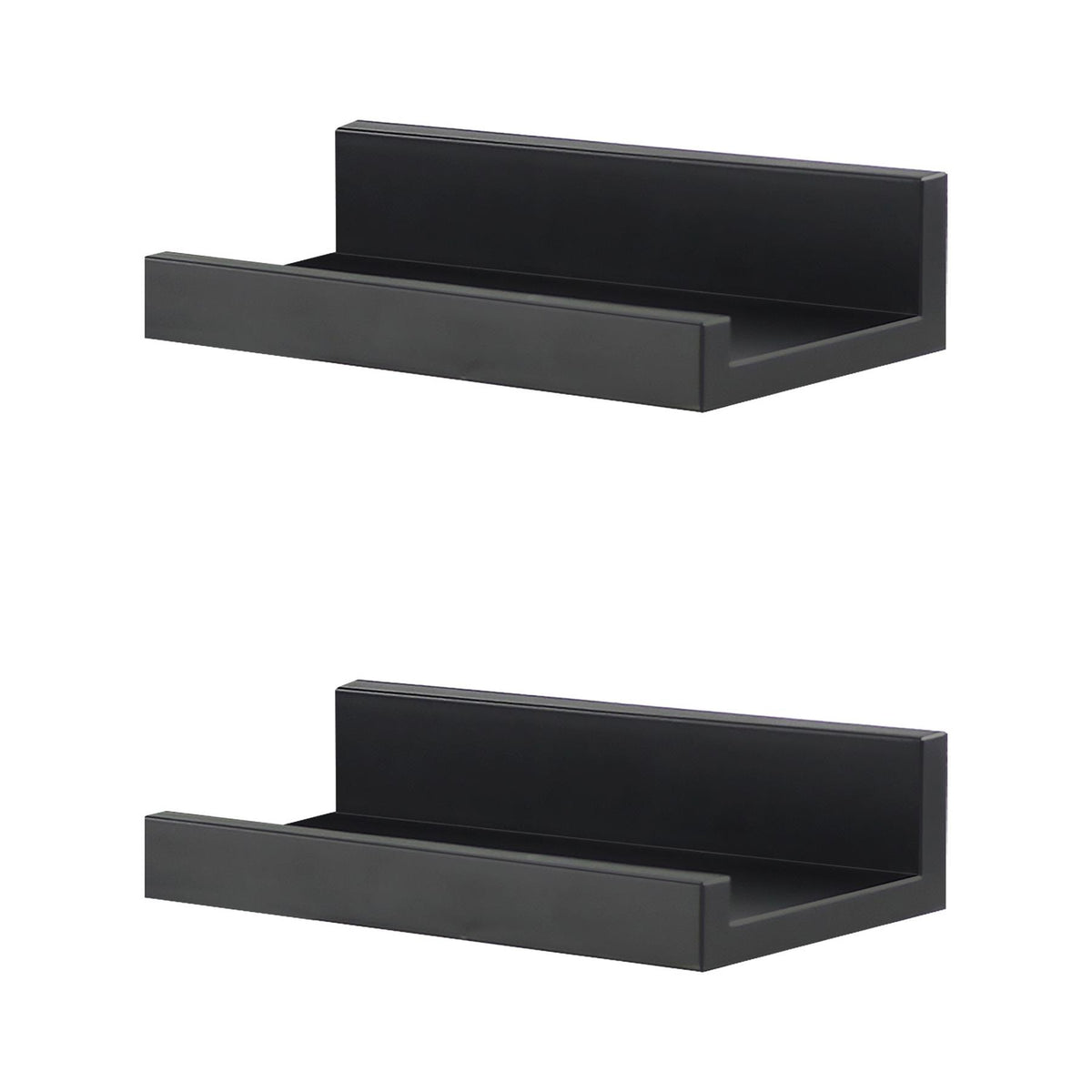 Black floating shelves, a pack of two, displayed against a white background