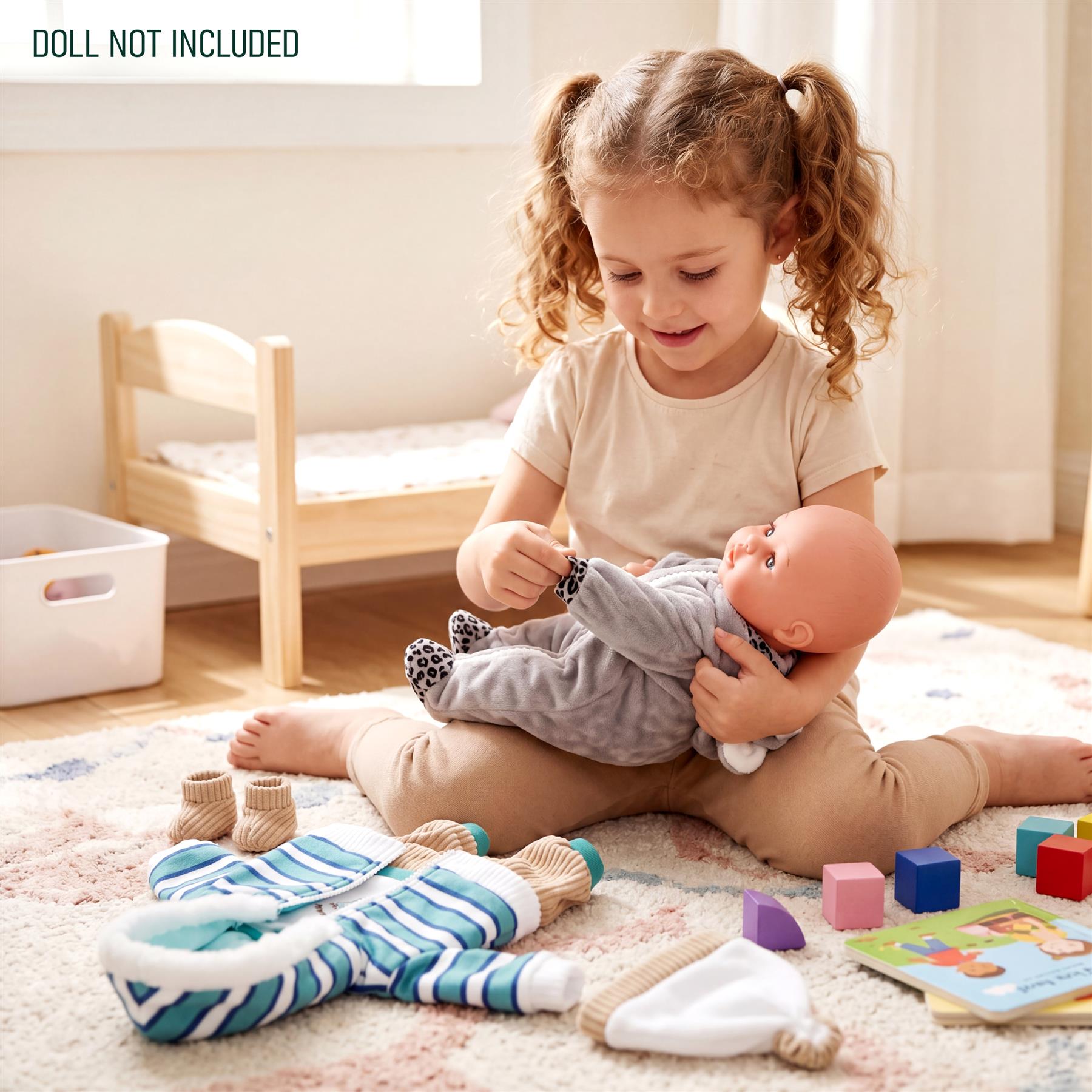 Three coordinating doll outfits visible on the floor: striped, koala, and white accessory.