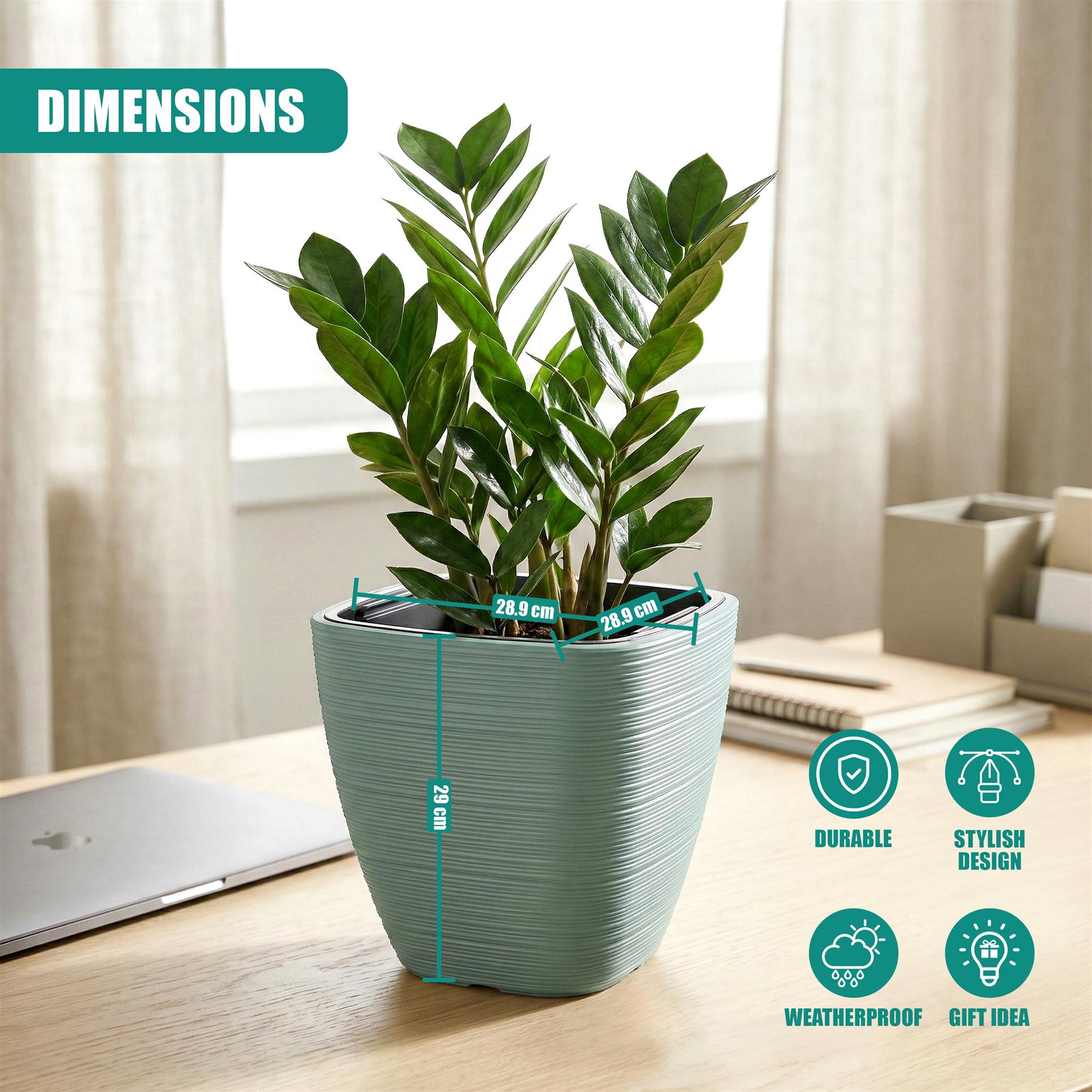 Rectangular light green textured planter containing multiple vibrant green leafy potted plants on a wood surface.