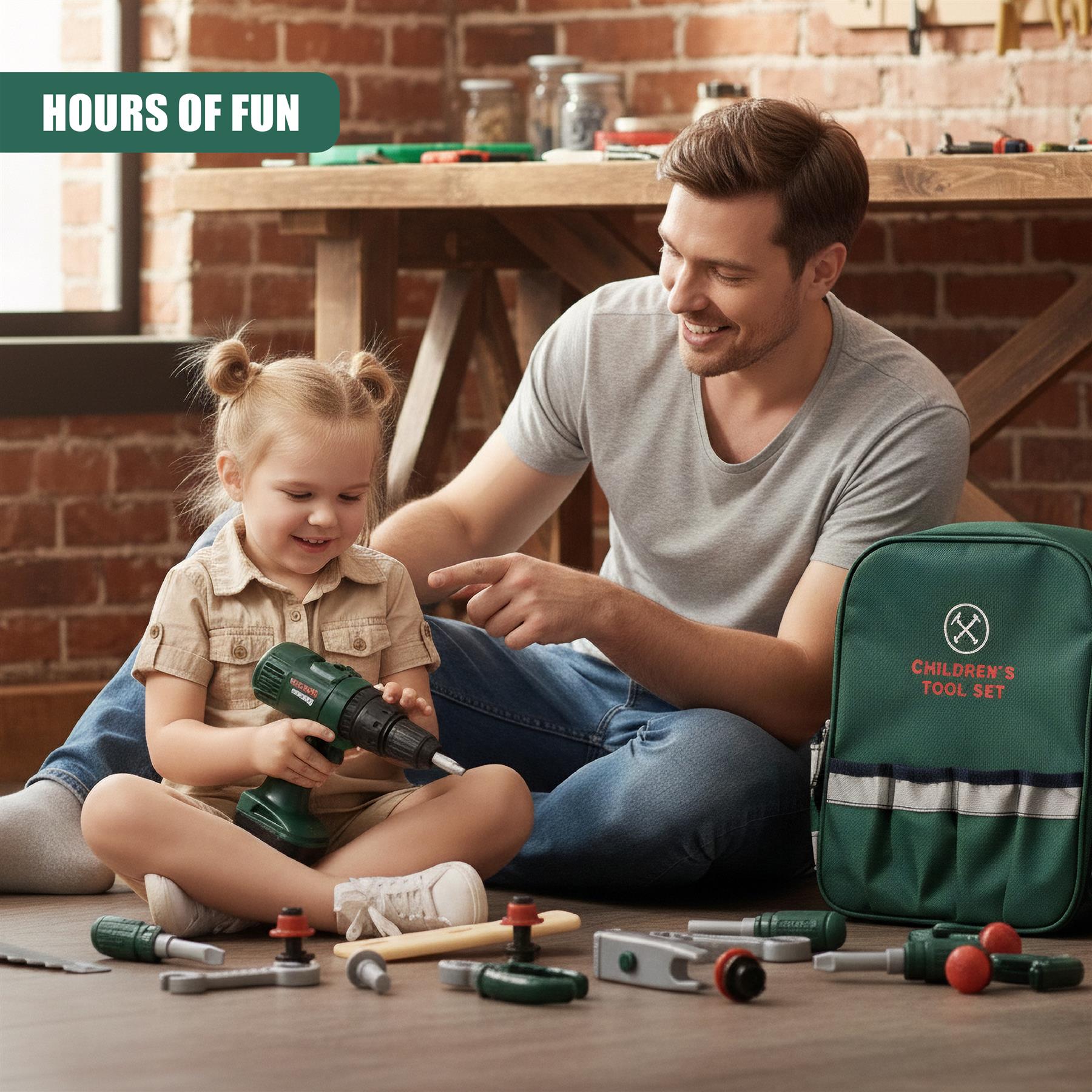 A child and an adult sit on the floor, surrounded by tools and toys. The child holds a power drill, while the adult points to it. A green, zippered bag with "Children's Tool Set" printed on it lies nearby. The room's brick walls and wooden table in the background add to the setting. - The Magic Toy Shop