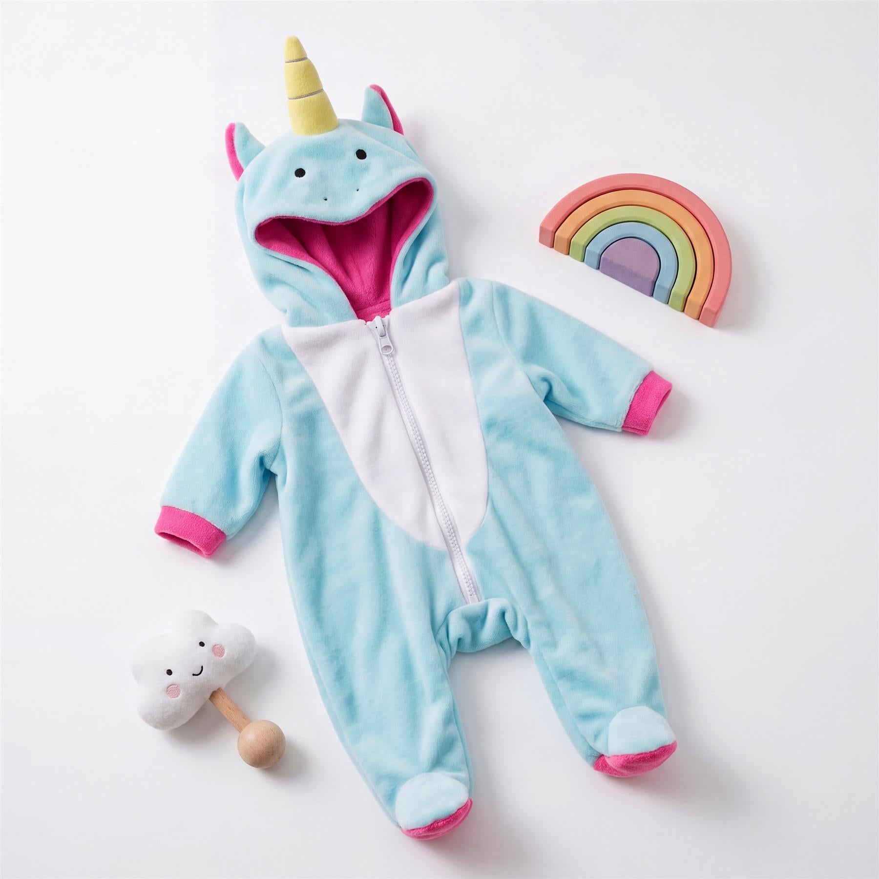 Light blue unicorn costume outfit, accompanied by a rainbow arch and pacifier toy.