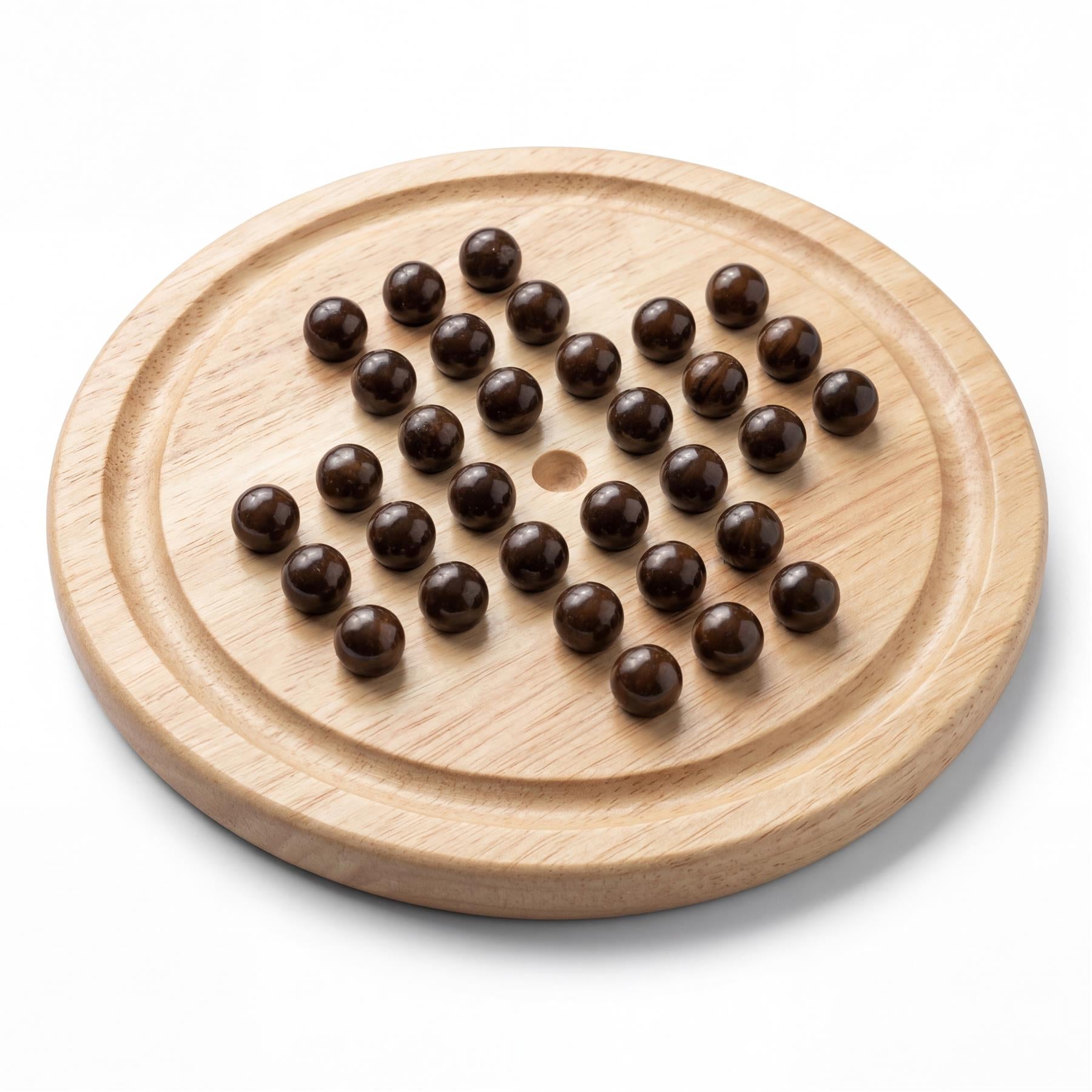Light wooden circular board featuring arranged dark brown game pieces for a solitaire puzzle.