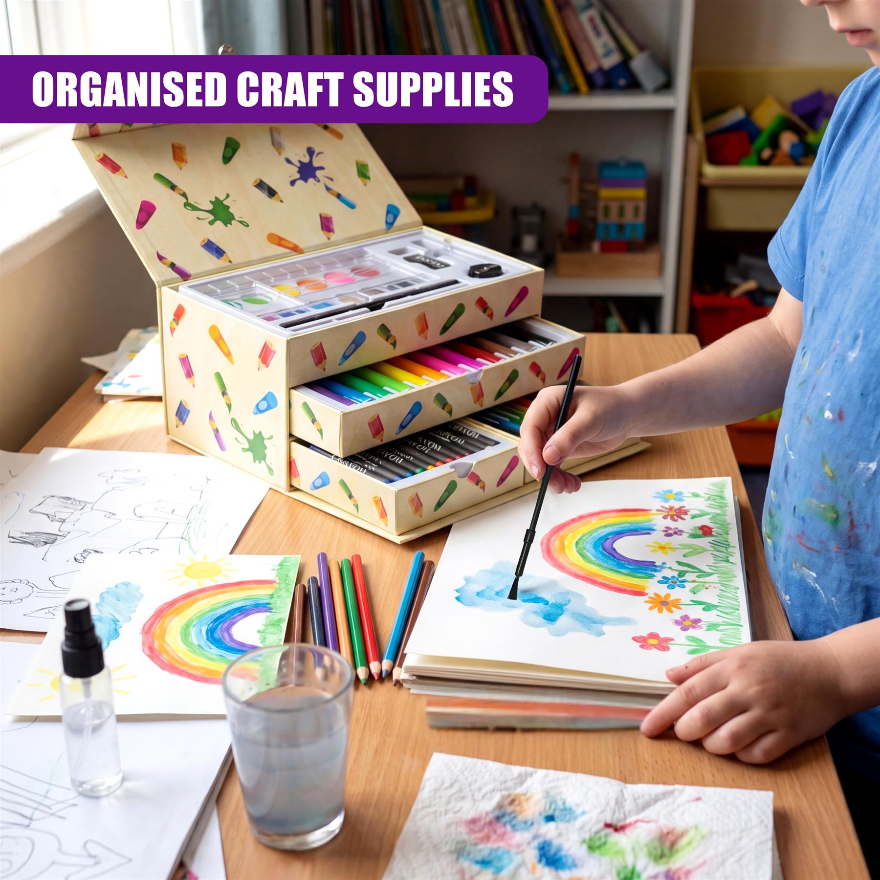 Child arranging colorful art supplies, including paints and drawing materials, on a wooden table.