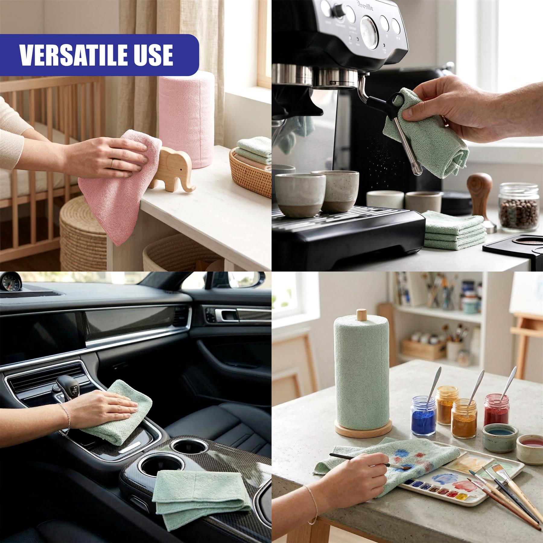 Microfiber cloths are shown cleaning household items, car dashboards, kitchen appliances, and general surfaces.