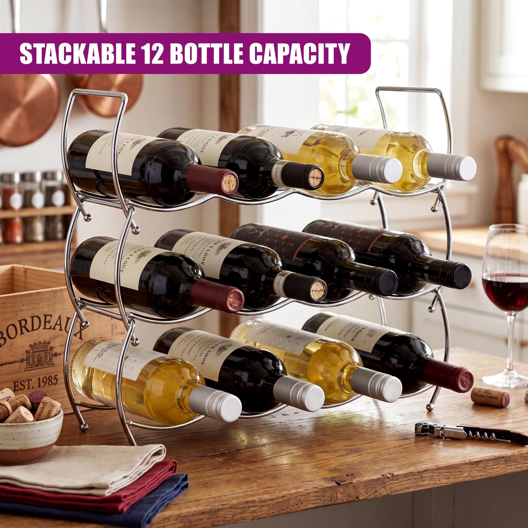 Three tiered levels of a metal wine rack display various bottles of red and white wine.