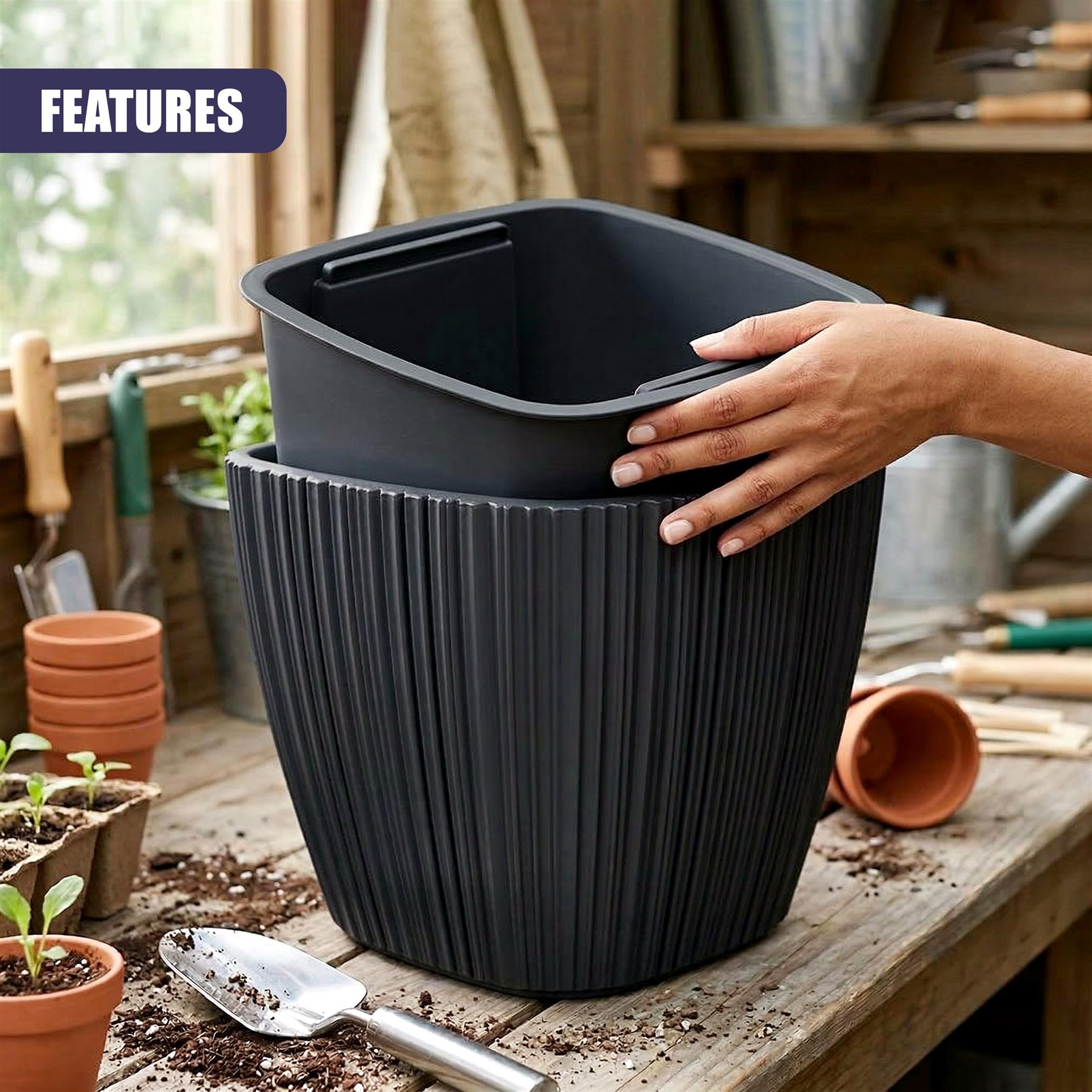 Black Plant Pot with Insert, 29 cm