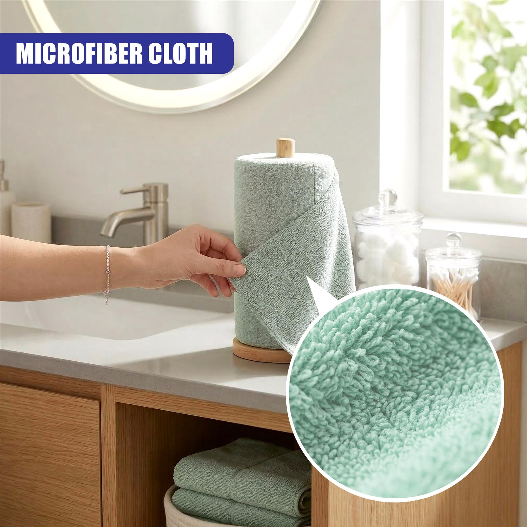 Roll of mint green microfiber cloths displayed on a bathroom counter surface.