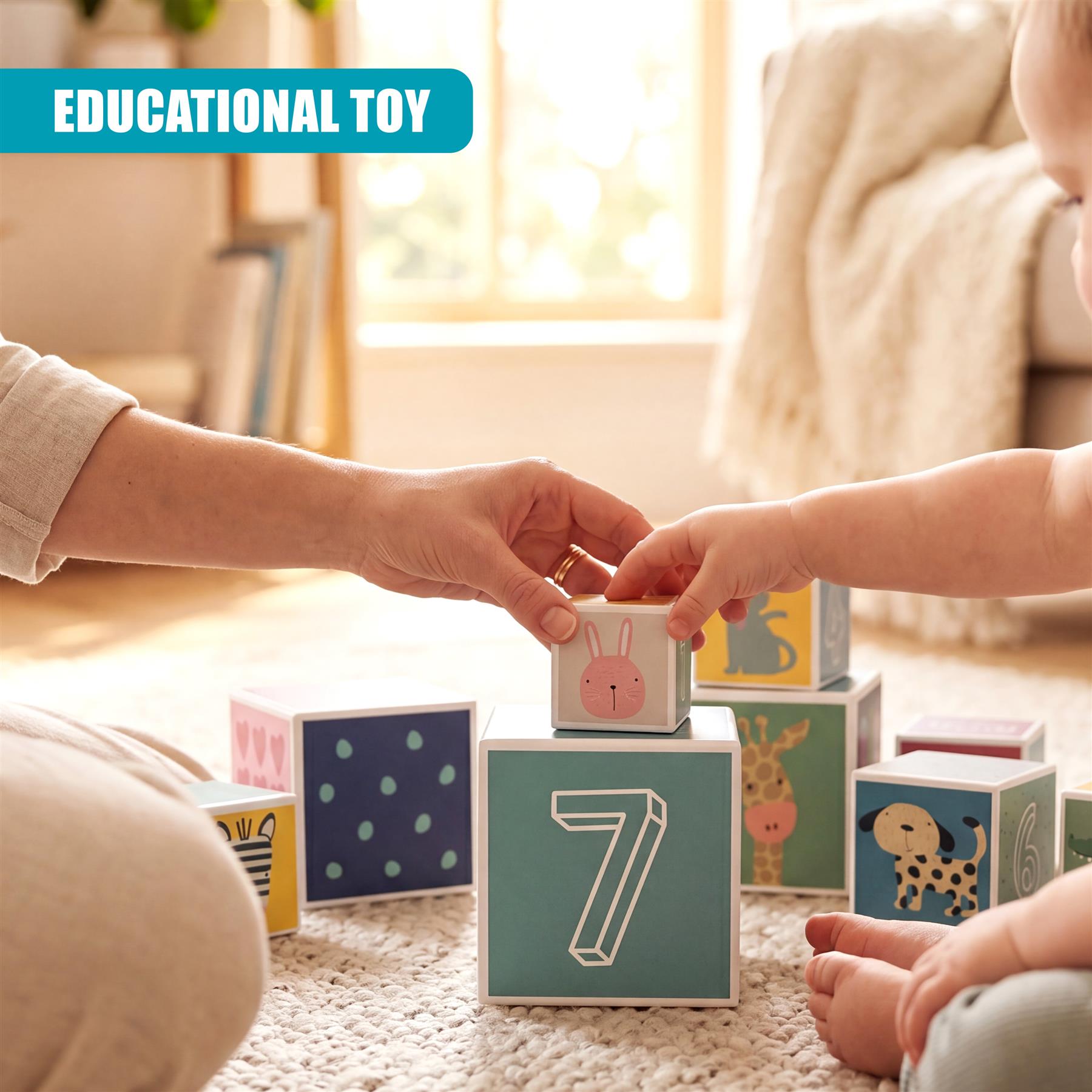Hands interact with stackable wooden blocks featuring numbers and animal prints.