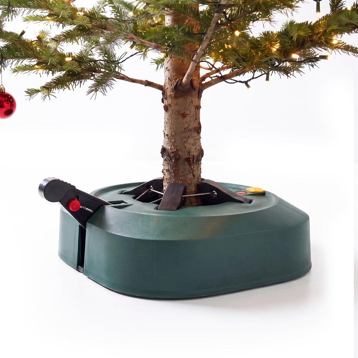 GEEZY Christmas Tree Stand with Water Reservoir shows a green tree stand with a foot-operated gripping system