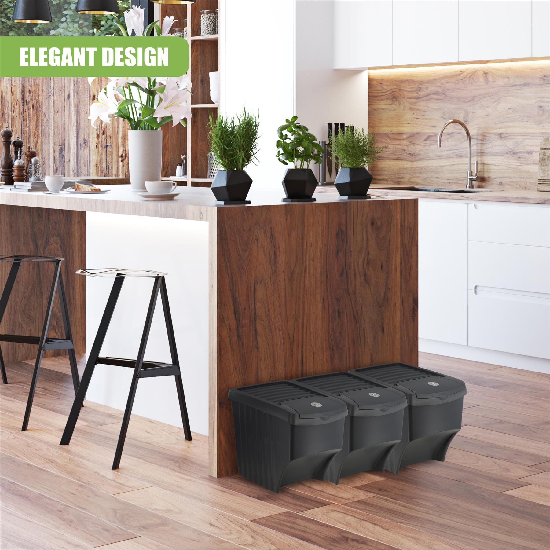 25 L set of 3 Large Plastic Waste Recycling Bin With Lids by Geezy - The Magic Toy Shop