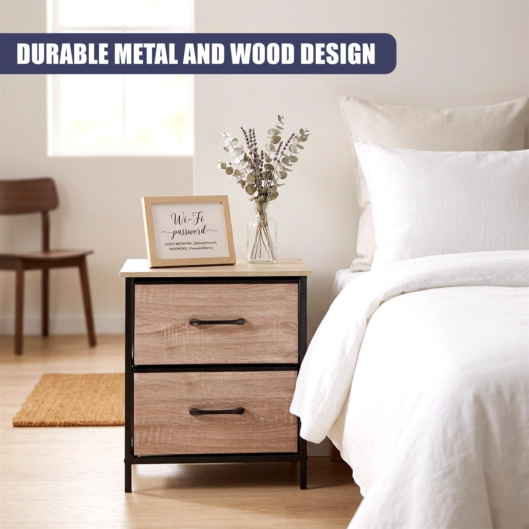 Two-tiered bedside table with a dark metal frame and two natural wood storage drawers.