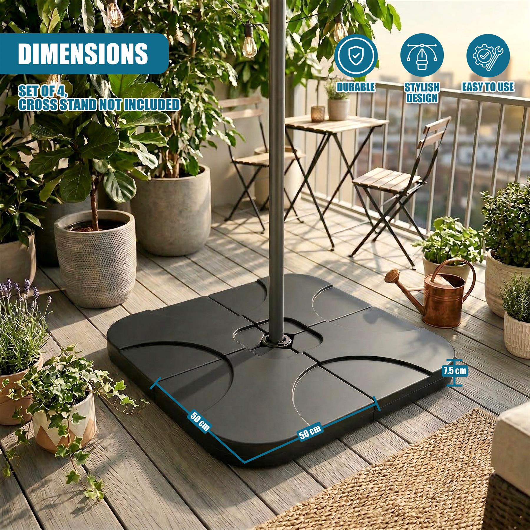 Black square parasol base with dimensions rests on a wooden deck among potted plants and furniture.