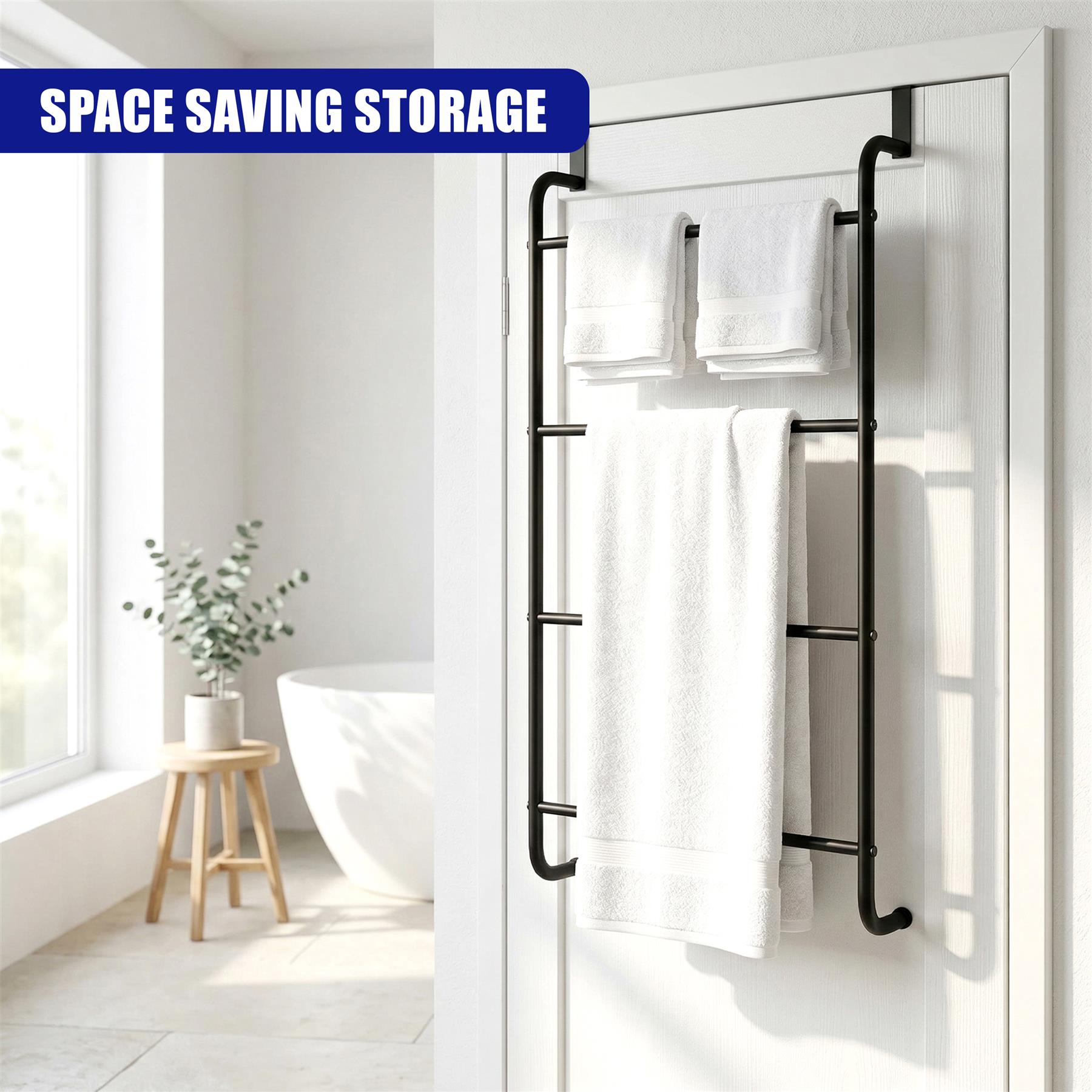 Black ladder-style towel rail mounted on a white door holding folded white towels.