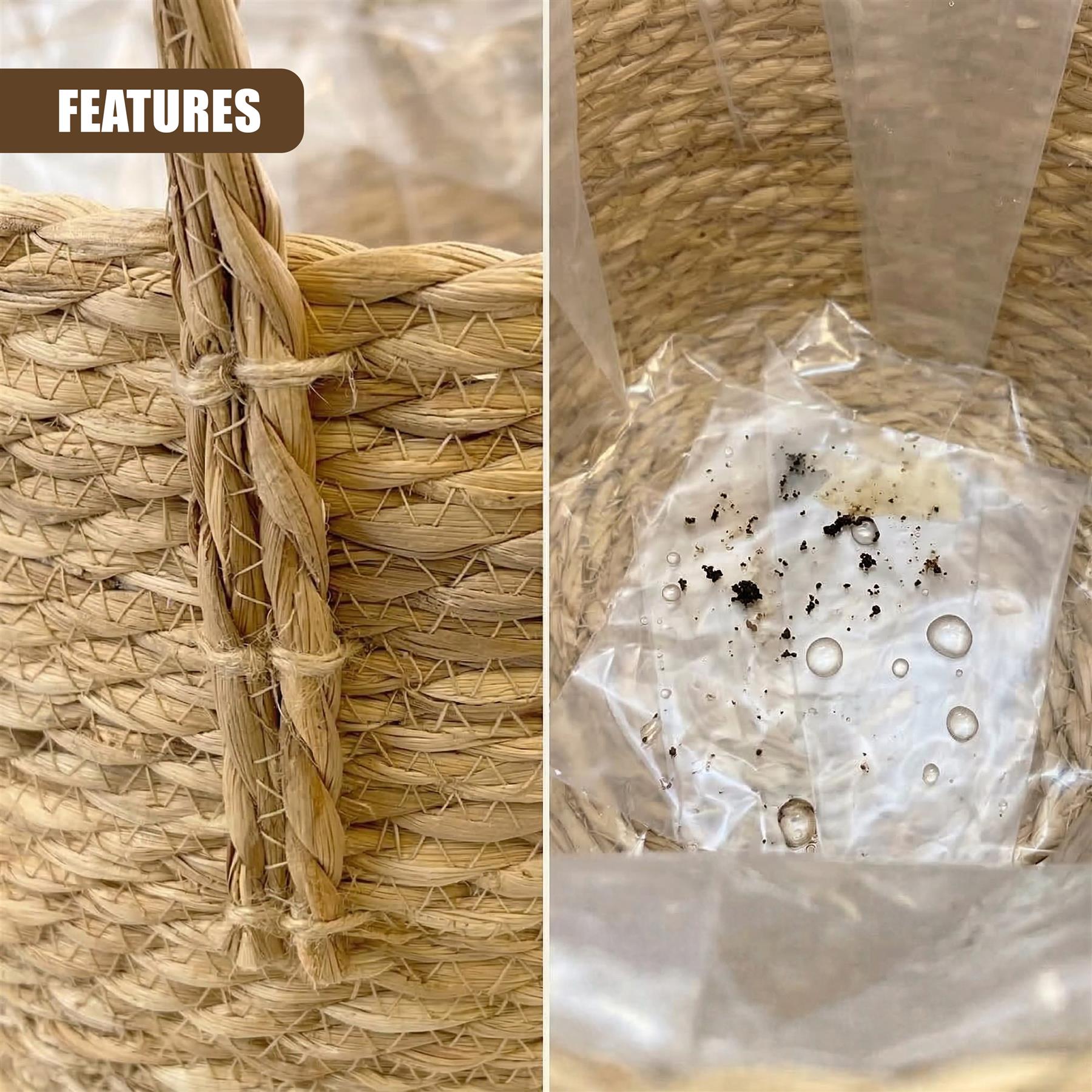 Woven natural wicker material shown in a planter structure and packaged in a clear plastic bag.