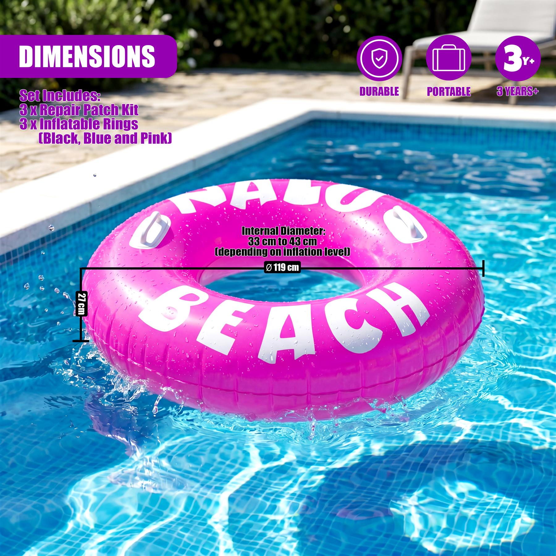 Pink inflatable ring floats in pool, displaying "NALOHA BEACH" text.